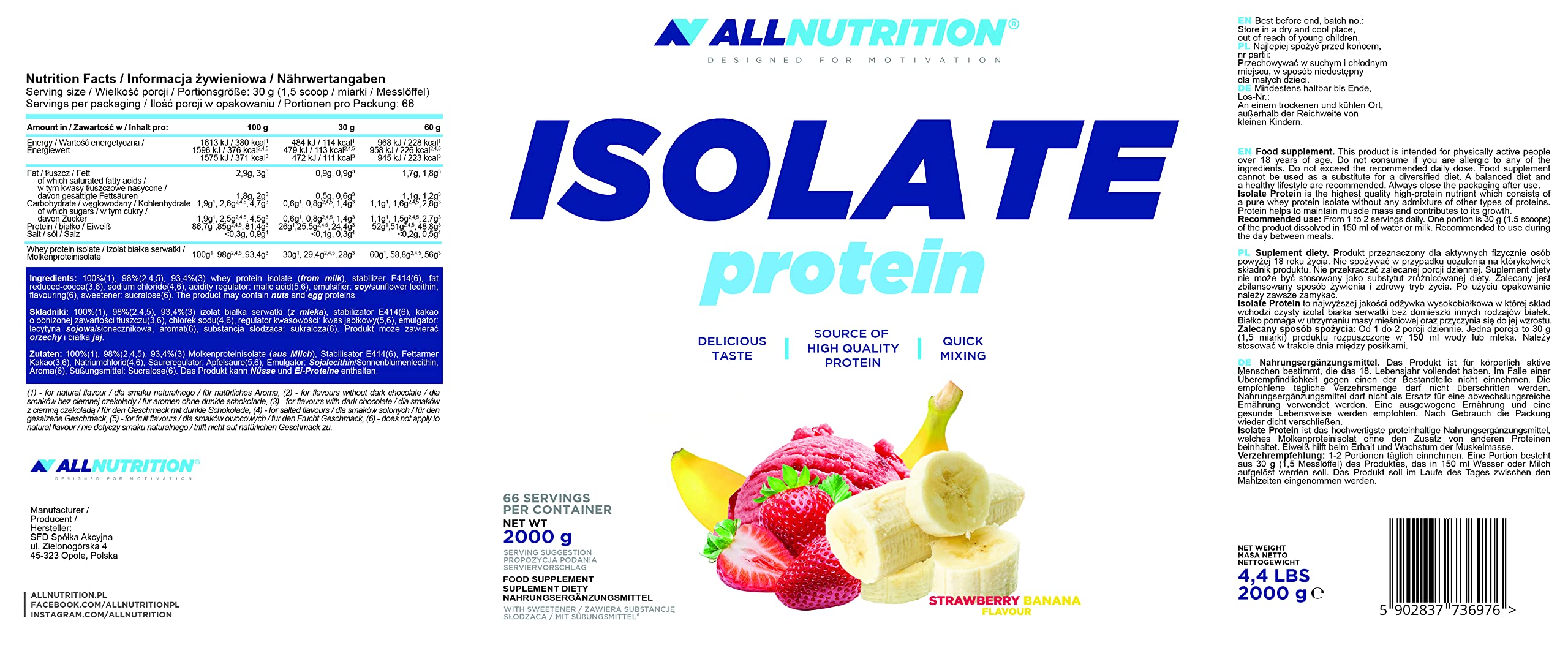 Allnutrition Isolate Protein, Strawberry Banana - 2 kg