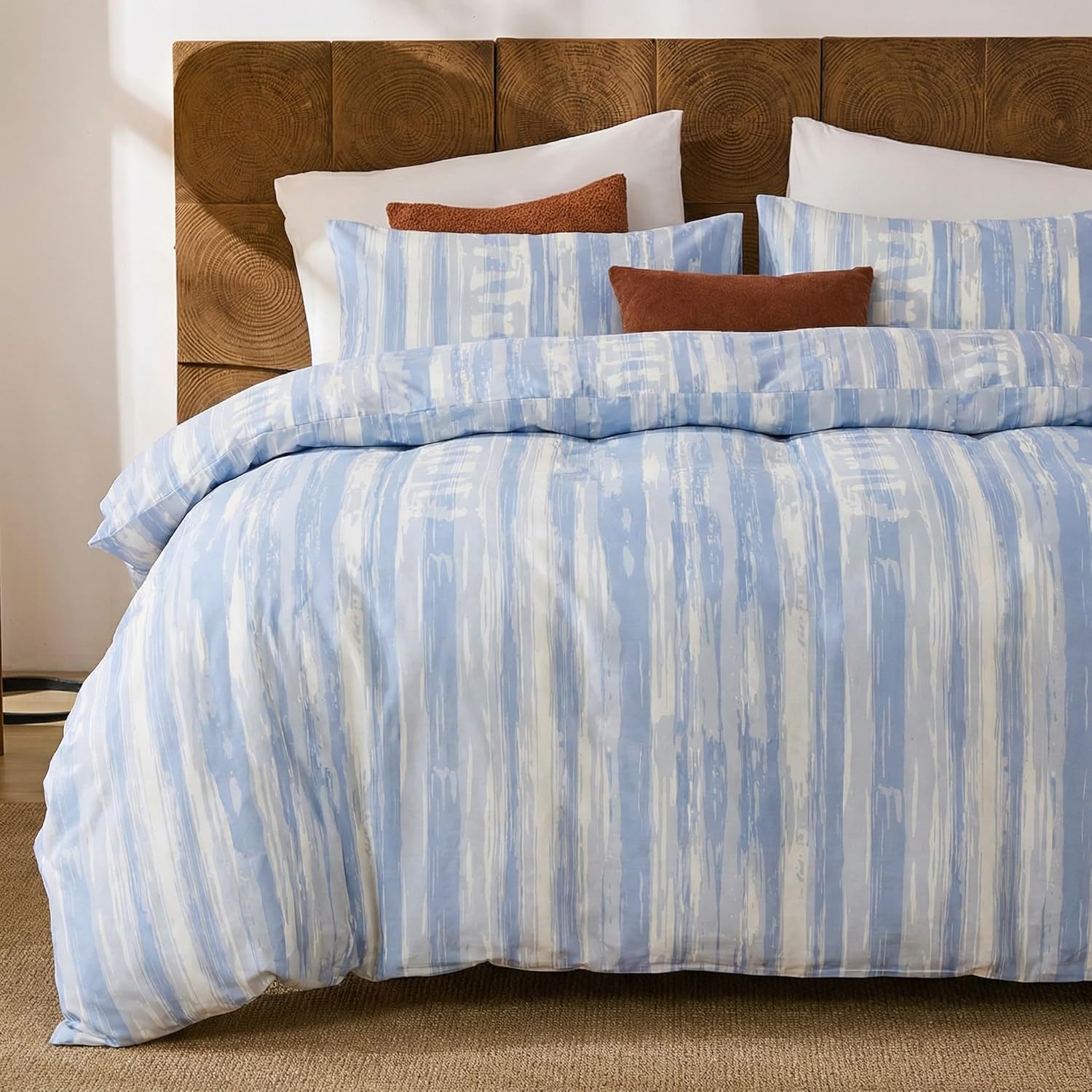 Herside Queen Duvet Cover Set,100% Cotton Double Gauze,Blue Watercolor Stripe Muslin Bedding,Soft Airy Breathable Coastal Bedding Set,3 Pieces