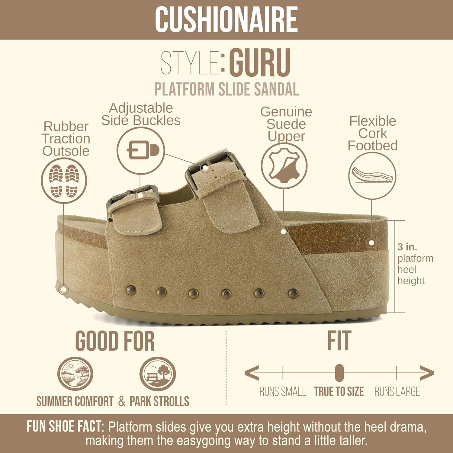 CUSHIONAIRE Guru Platform Sandals Women Footwear – Comfortable Genuine Leather Footbed Studded Chunky Slide Summer Sandals for Women