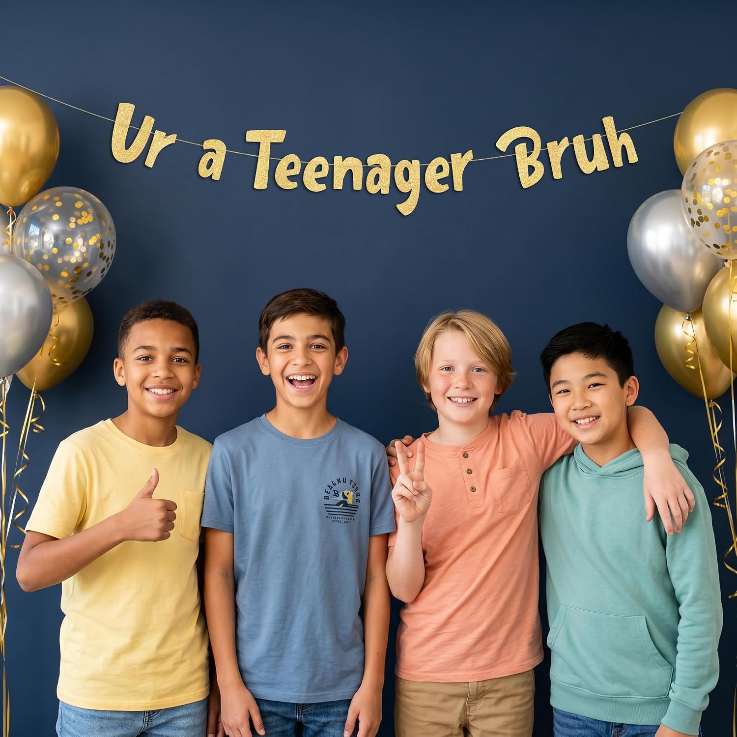 Sterling James Co. Pre-Strung Ur a Teenager Bruh Gold Glitter Banner - Funny 13th Birthday Decorations for Teen Boys and Girls - Birthday Party Supplies and Gifts