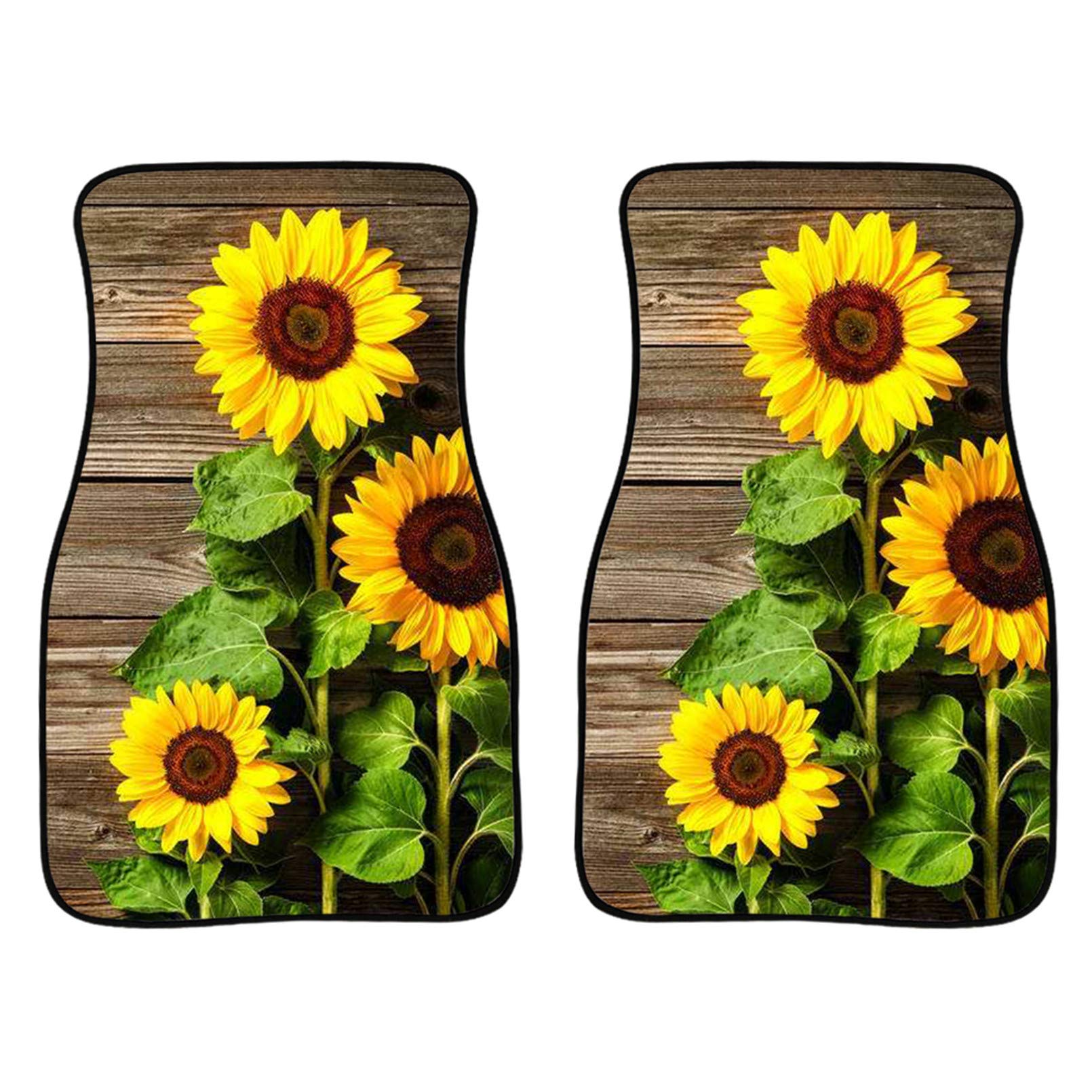 Pizding Sunflowers on Wooden Board Printed Car Floor Mats 2-Piece Full Set All Weather Universal Front Automotive Floor Rug Mat Carpet Fit for Most SUV Sedan Truck Van Yellow