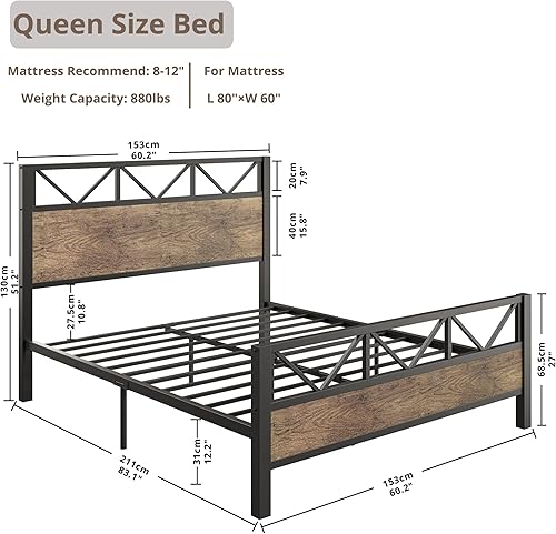 Miniatura 2 de LIKIMIO - Base de cama Queen, cabecero industrial alto de 51.2", con soporte metálico resistente, estructura de cama sólida y estable, libre de