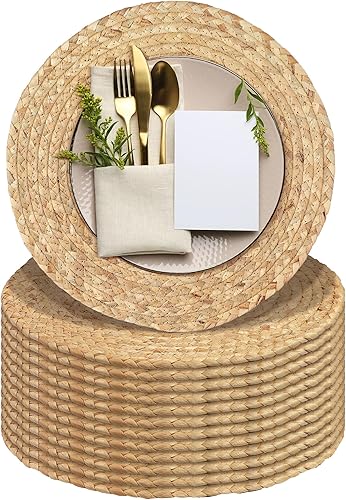 Juego de 12 manteles individuales redondos tejidos de 13.5 pulgadas, manteles individuales de jacinto de agua natural, tejidos a mano, manteles