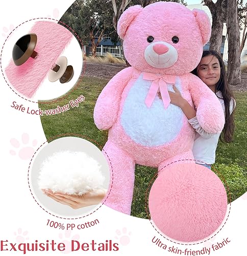 Miniatura 7 de MorisMos Oso de peluche gigante de 4 pies, oso de peluche rosa grande de 51.8 pulgadas para baby shower, oso de peluche rosa grande para regalo de