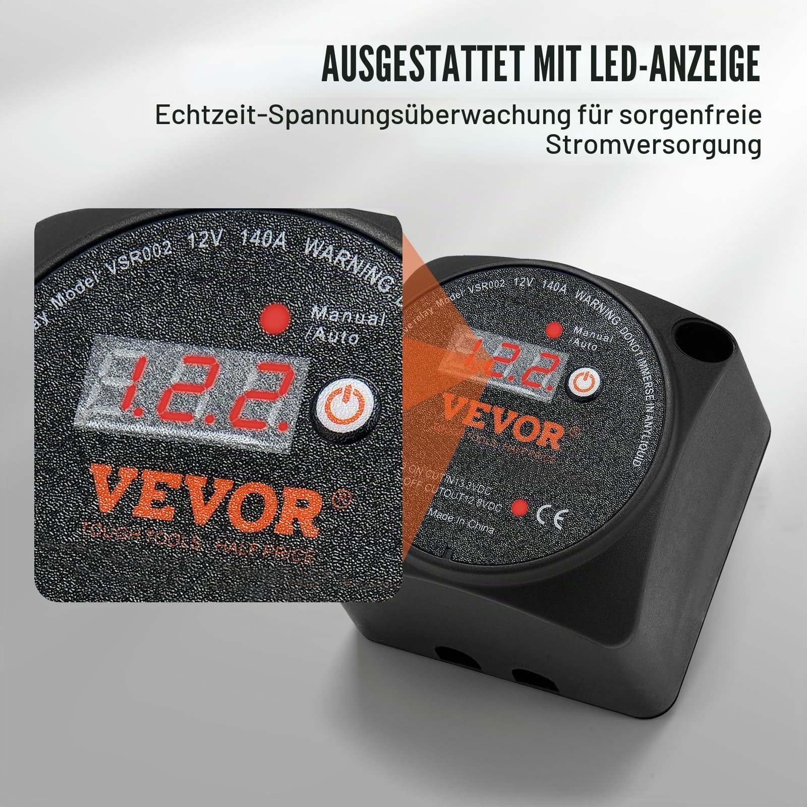 VEVOR Doppelbatterie-Trennrelais, 12 V, 140 A, manueller und automatischer Modus, spannungsempfindliches VSR-Relais mit LCD-Bildschirm, für ATV, UTV, Wohnmobil, Wohnwagen, LKW, Boot, Yacht