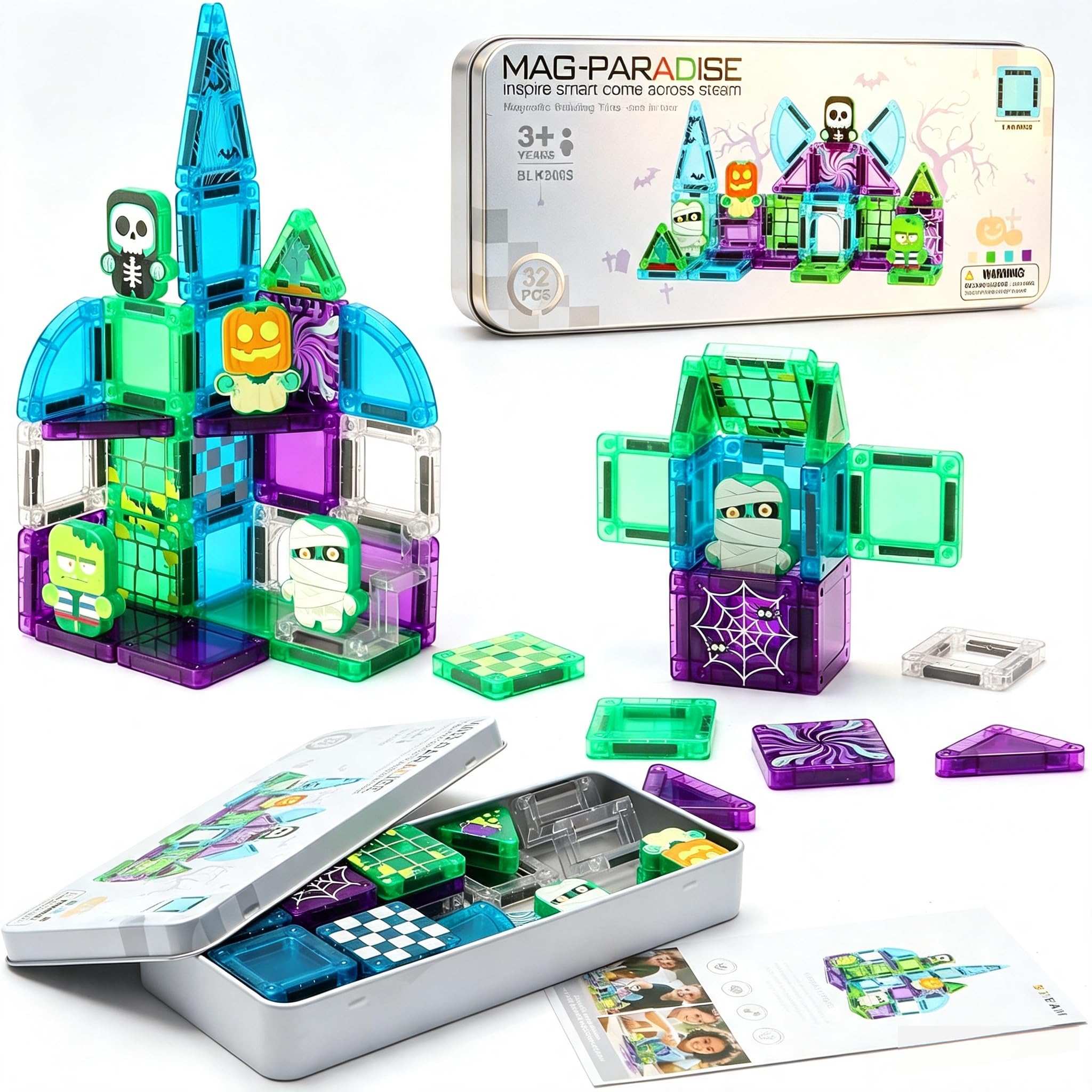 MEESHEEP Travel Magnetic Tiles for Kids Halloween Mini Travel Set with Tin