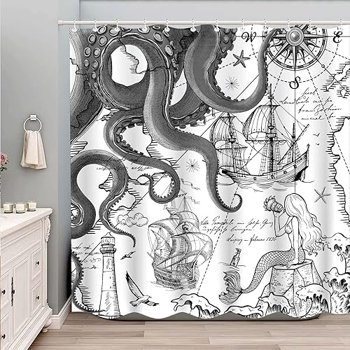 Miniatura 6 de Cortina de ducha náutica de pulpo negro y gris, sirena gris, divertida cortina de ducha estilo kraken del océano para baño, ancla fresca, mapa