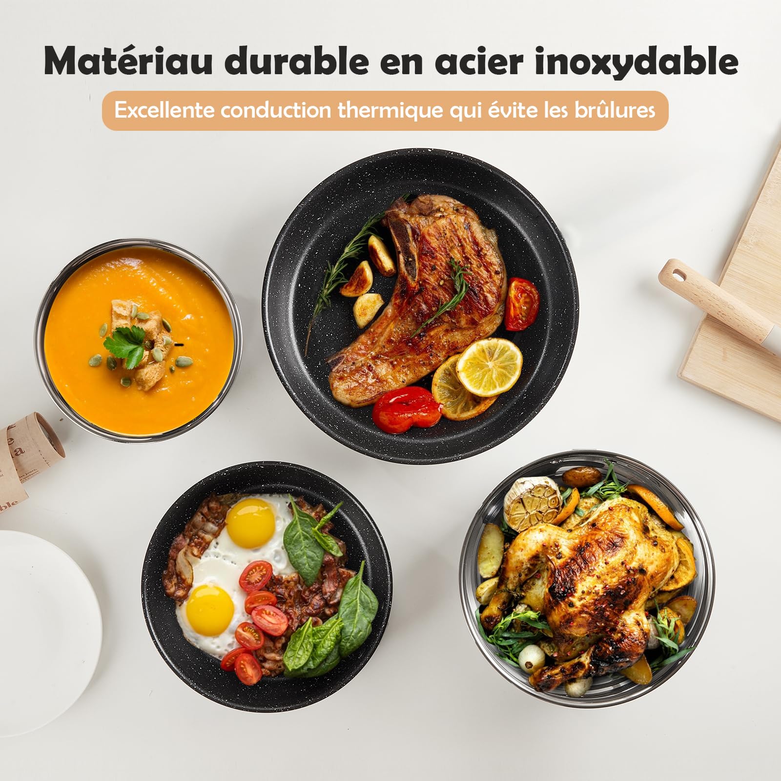 ROSSETTO Batterie de cuisine 7 pièces induction inox poele Set de casseroles avec poignées amovibles, poêle antiadhésive sans PFAS de 20/26 cm et casserole de 16/20 cm, résistante au four