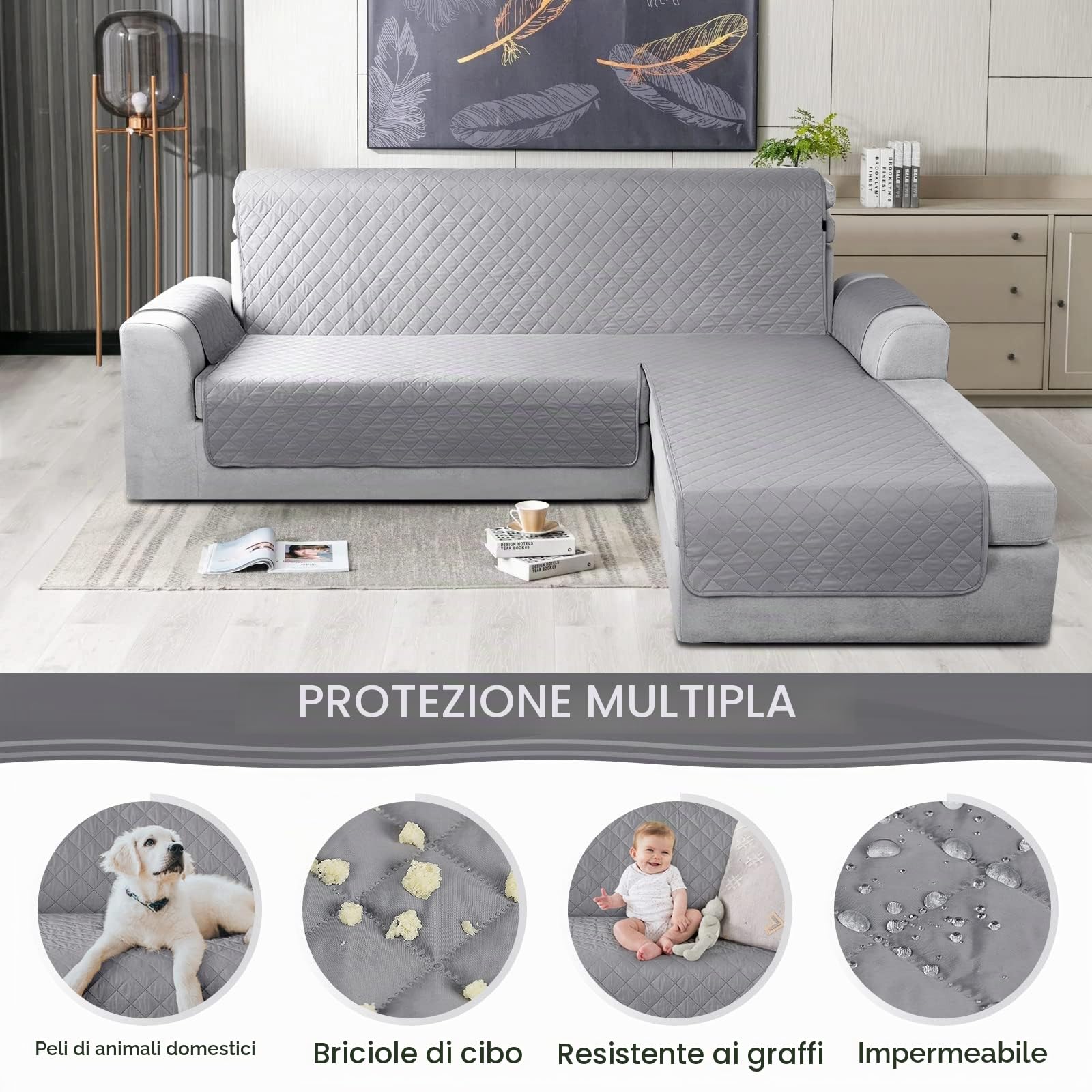 TAOCOCO Copridivano impermeabile con Penisola(L 200cm),Copridivano con Elastico, per Soggiorno, Antiscivolo, per Animali Domestici,Gatti, Cani,Bambini che Giocano (Grigio Scuro)