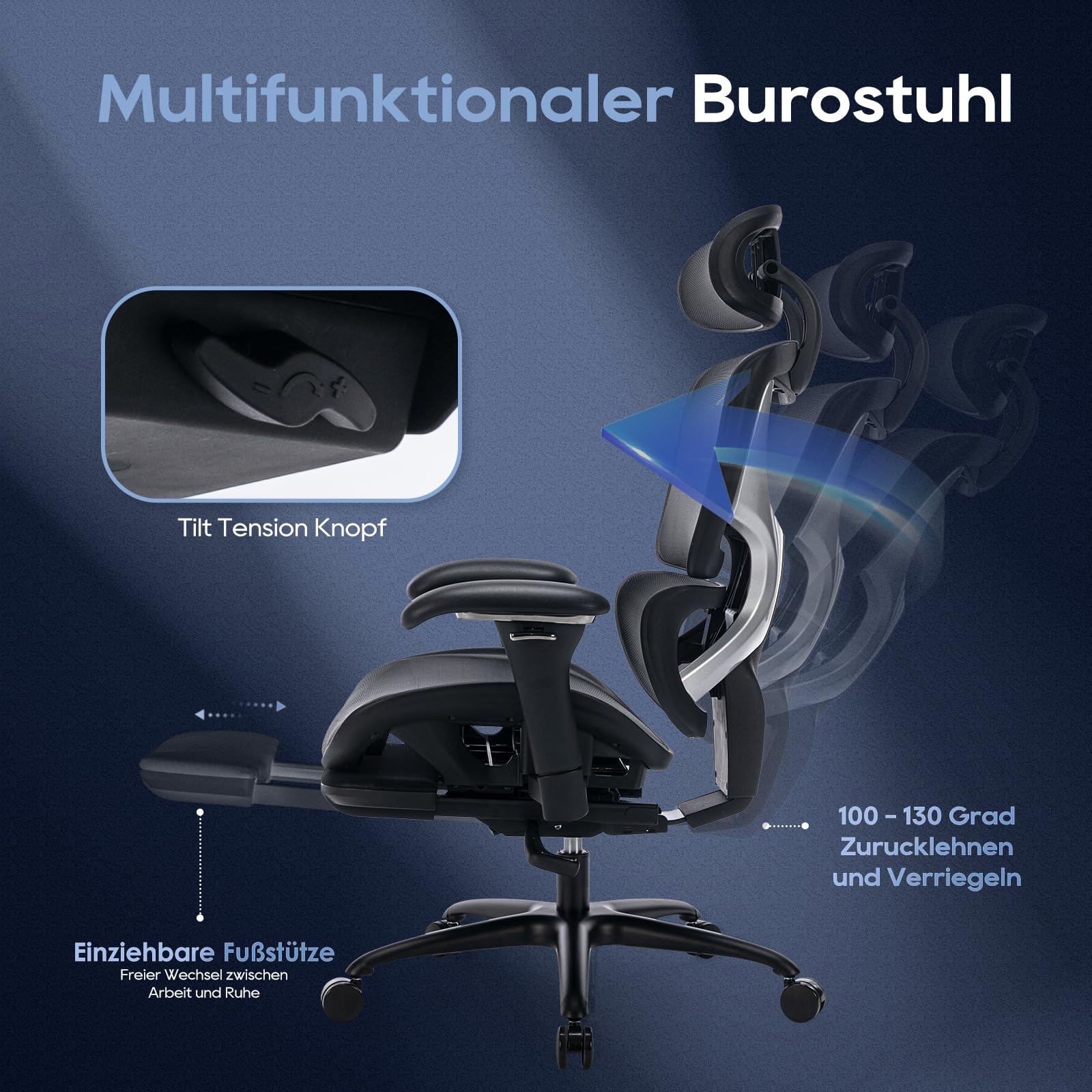 COLAMY Ergonomischer Bürostuhl mit Fußstütze – Chefsessel mit hoher Rückenlehne, Verstellbarer Kopfstütze & 3D-Armlehnen – Atmungsaktives Mesh, dynamische Lendenstütze, höhenverstellbar – Schwarz
