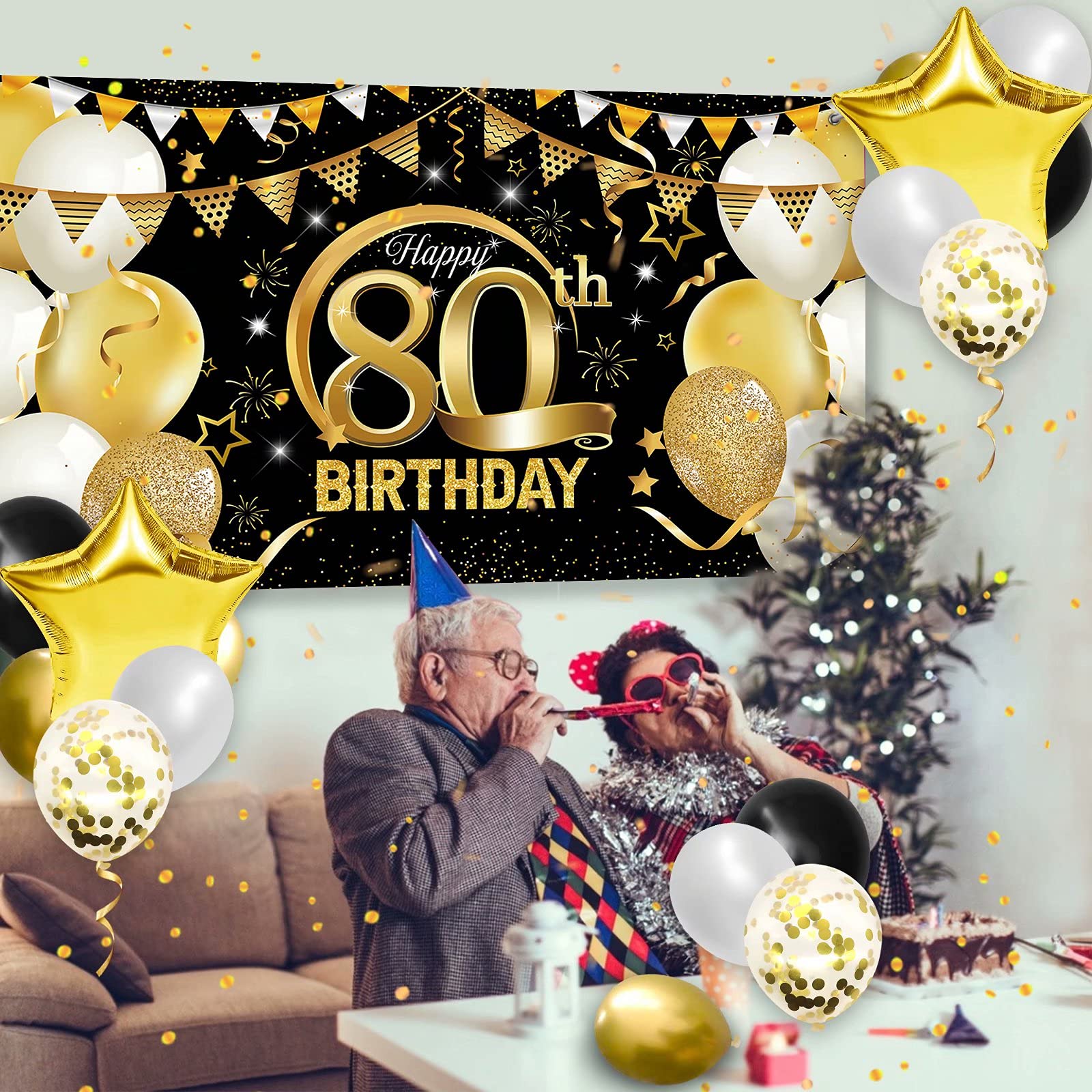 80. Geburtstag Deko Set In Schwarz/Gold – Mit Folienballon, Banner, Luftballons & Tortendeko