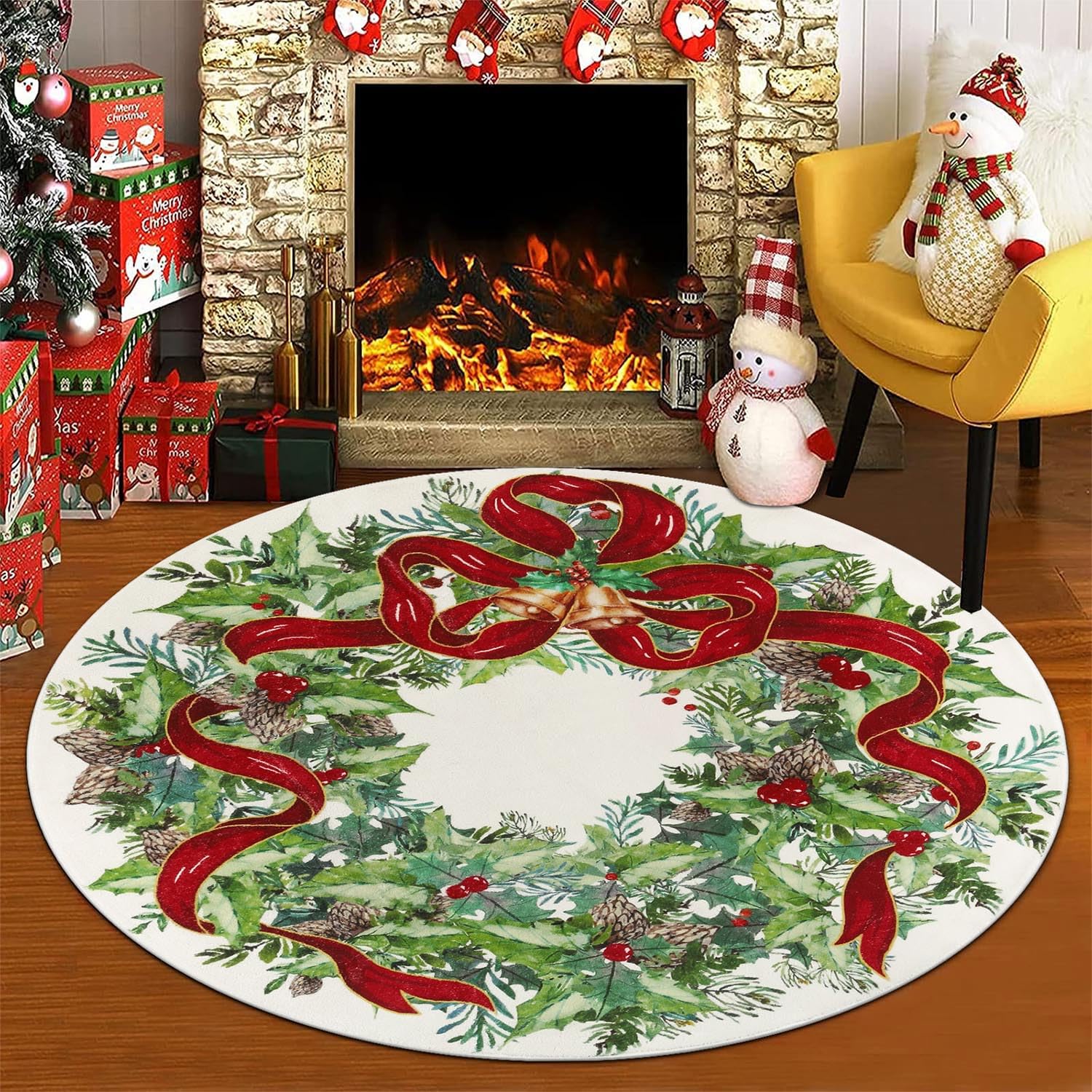 SHACOS Alfombra Redonda de Navidad 120cm Alfombra Decorativa Salón Habitación con Patrón Navideño Antideslizante Alfombra Suave de Pelo Corto para Decoración de Navidad, Año Nuevo, Fiesta