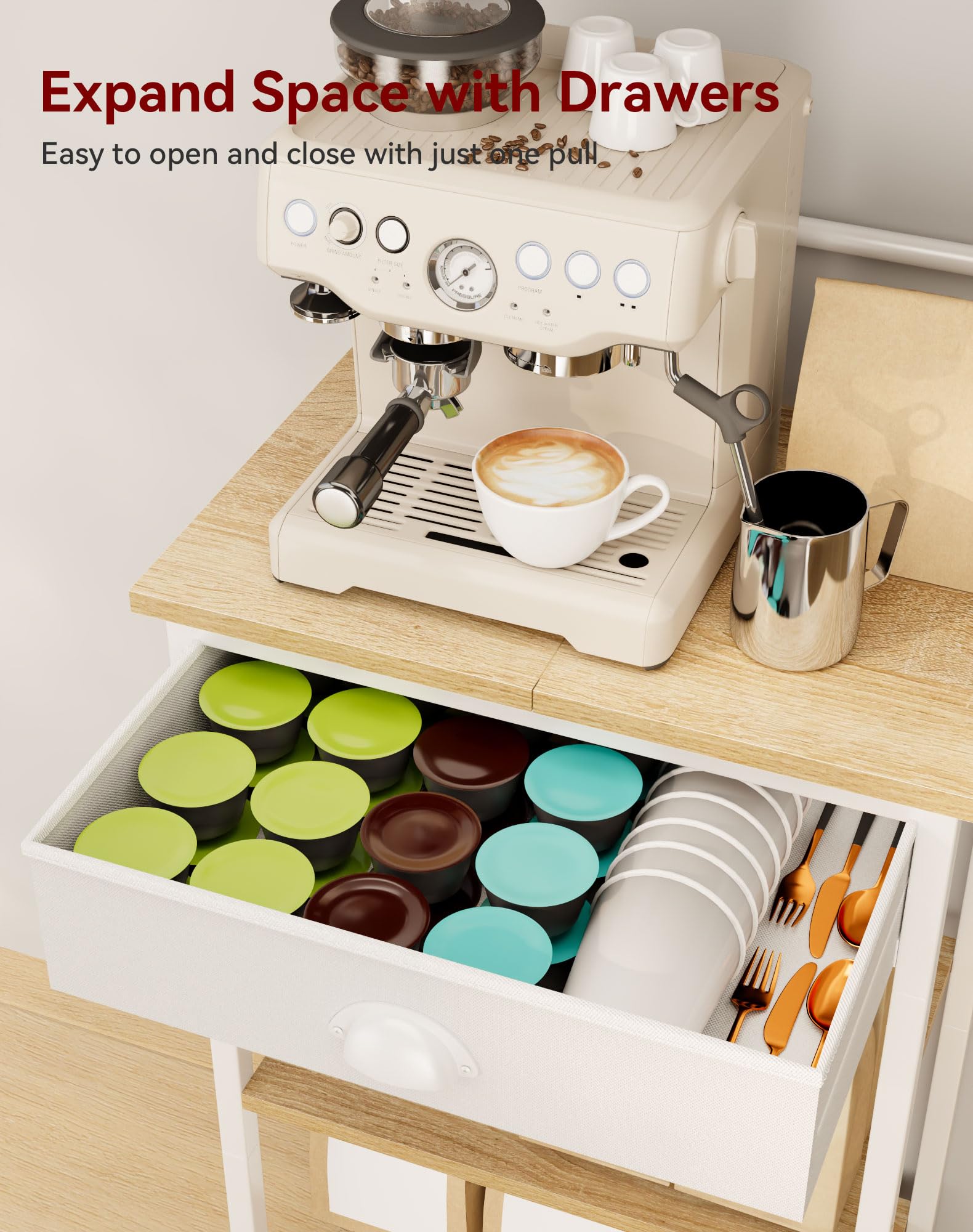 YMYNY Étagère de Cuisine, Porte-Café en Bois à 5 Niveaux, Rangement pour Machine à Café, Organisateur avec 8 Crochets, Tiroirs en Tissu, pour Salon, Bureau, Naturel HBR009R