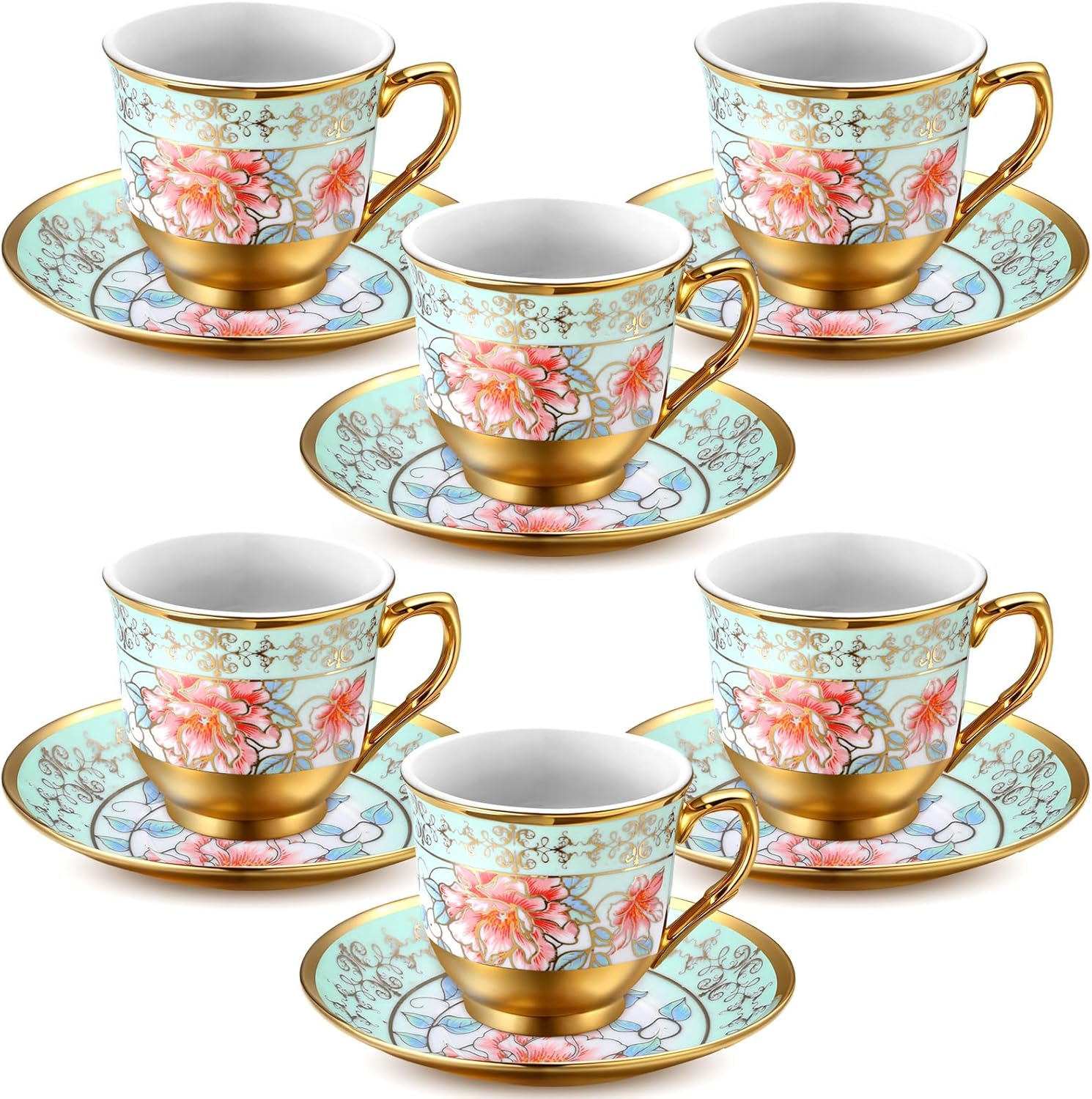 Vintage Floral Tea Cups and Saucers Set of 6 (3 Oz), Porcelain Tea Cup Sets Assorted Colors with Gift Box for Cappuccino, Macchiato, Birthday Party Supply
