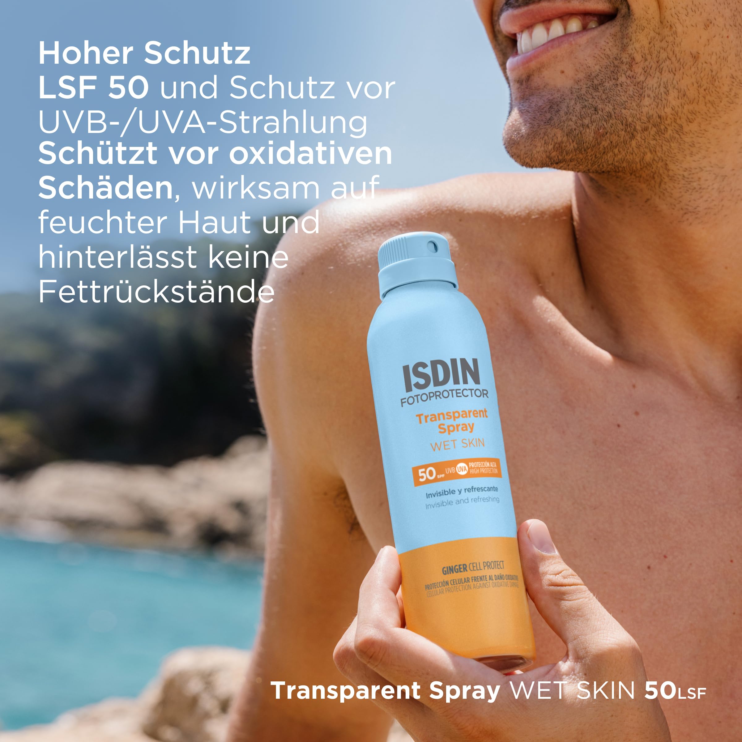 Fotoprotección Isdin DE Fotoprotector Wet Skin Transparent Spray LSF 50 (250ml) Wasserfest und Wet Skin unsichtbarer und leichter Lichtschutz