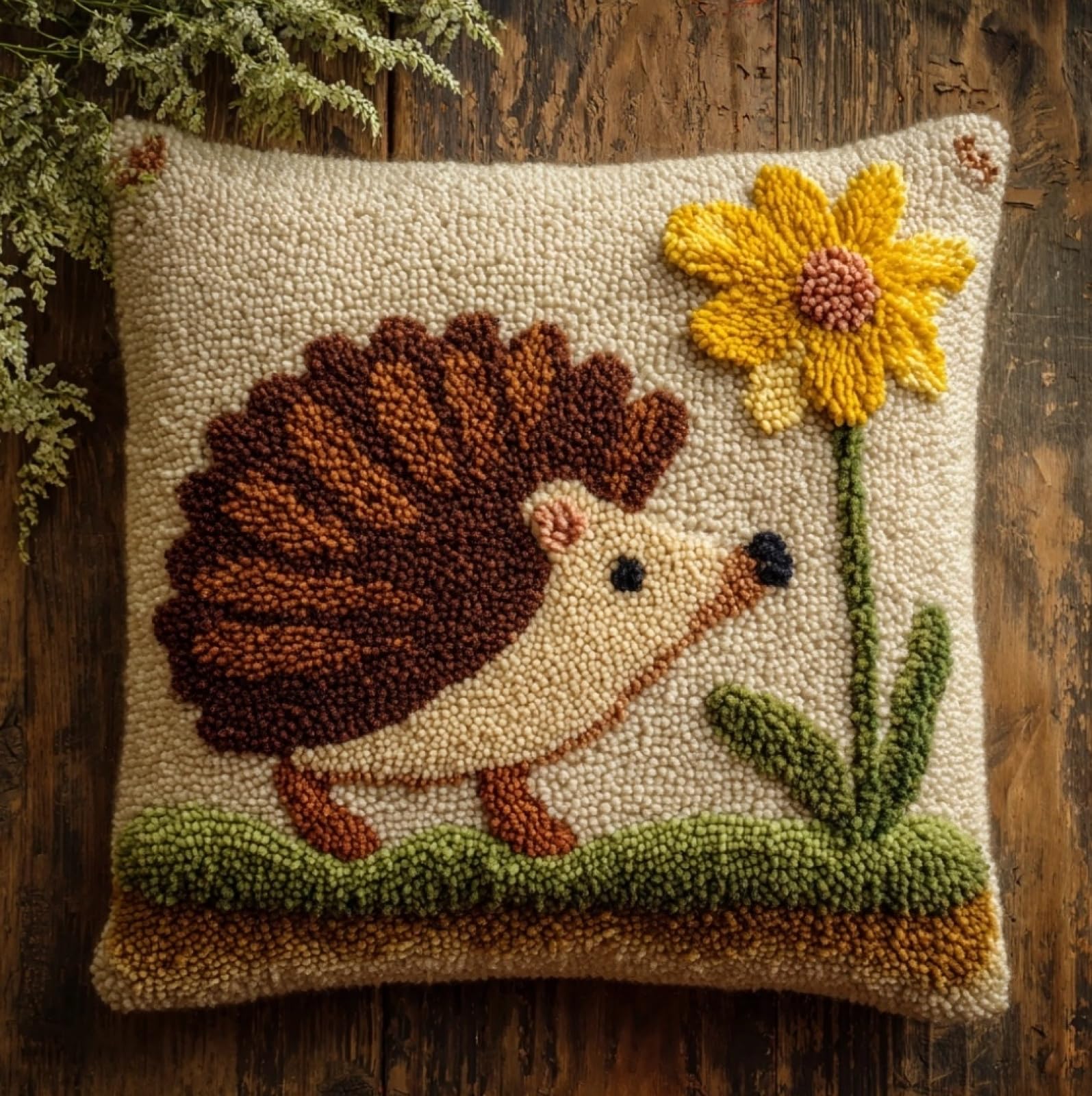 WallustrioaW Latch Hook Cushion Kit DIY 17x17in,Hedgehogs and Flowers
