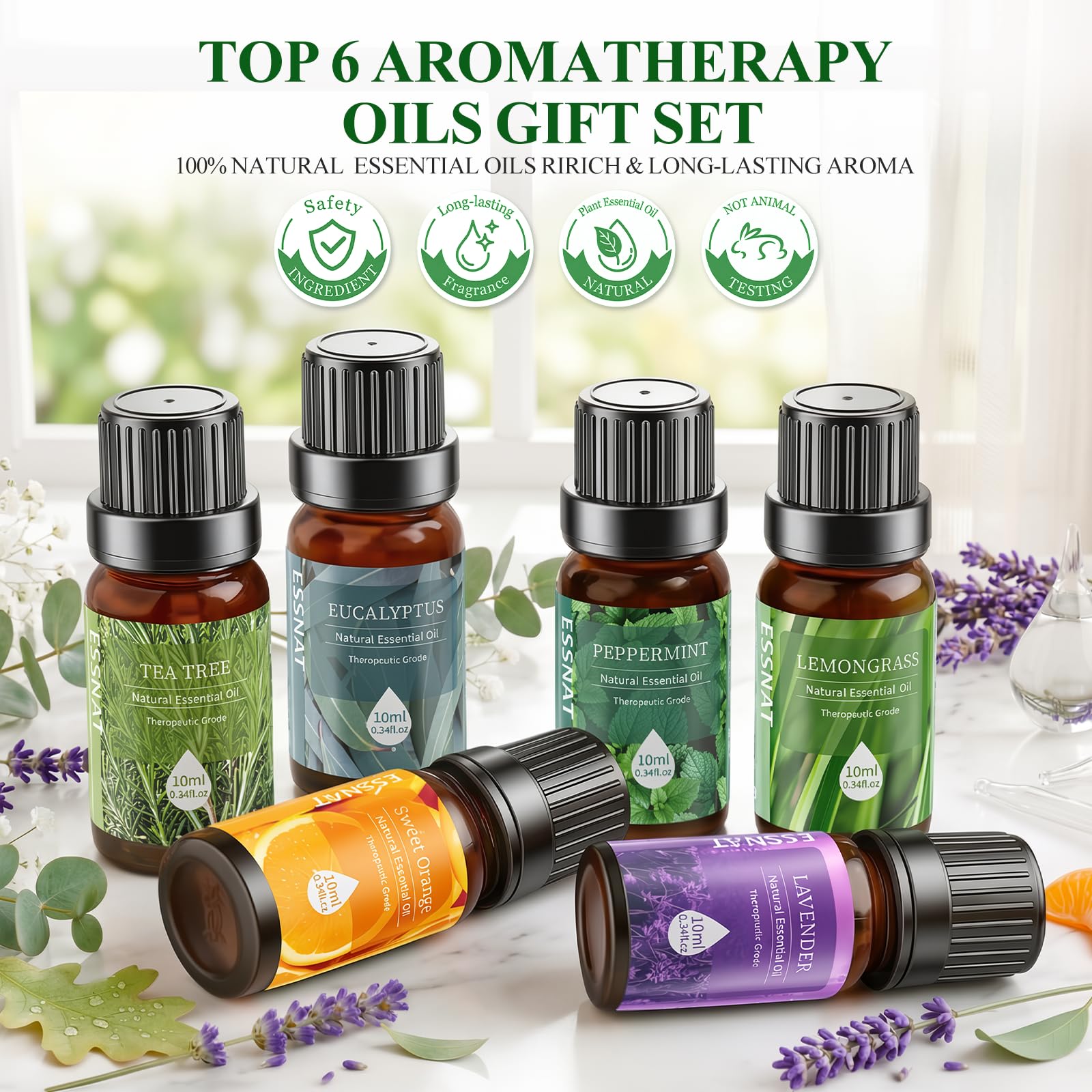 Oli Essenziali Set per Diffusore 6x10ML, Oli Essenziali Naturali per Aromaterapia,SPA – Lavanda,Menta Piperita,Eucalipto,Arancia Dolce,Tea Tree,Lemongrass – Oli Essenziali per Diffusori Casa