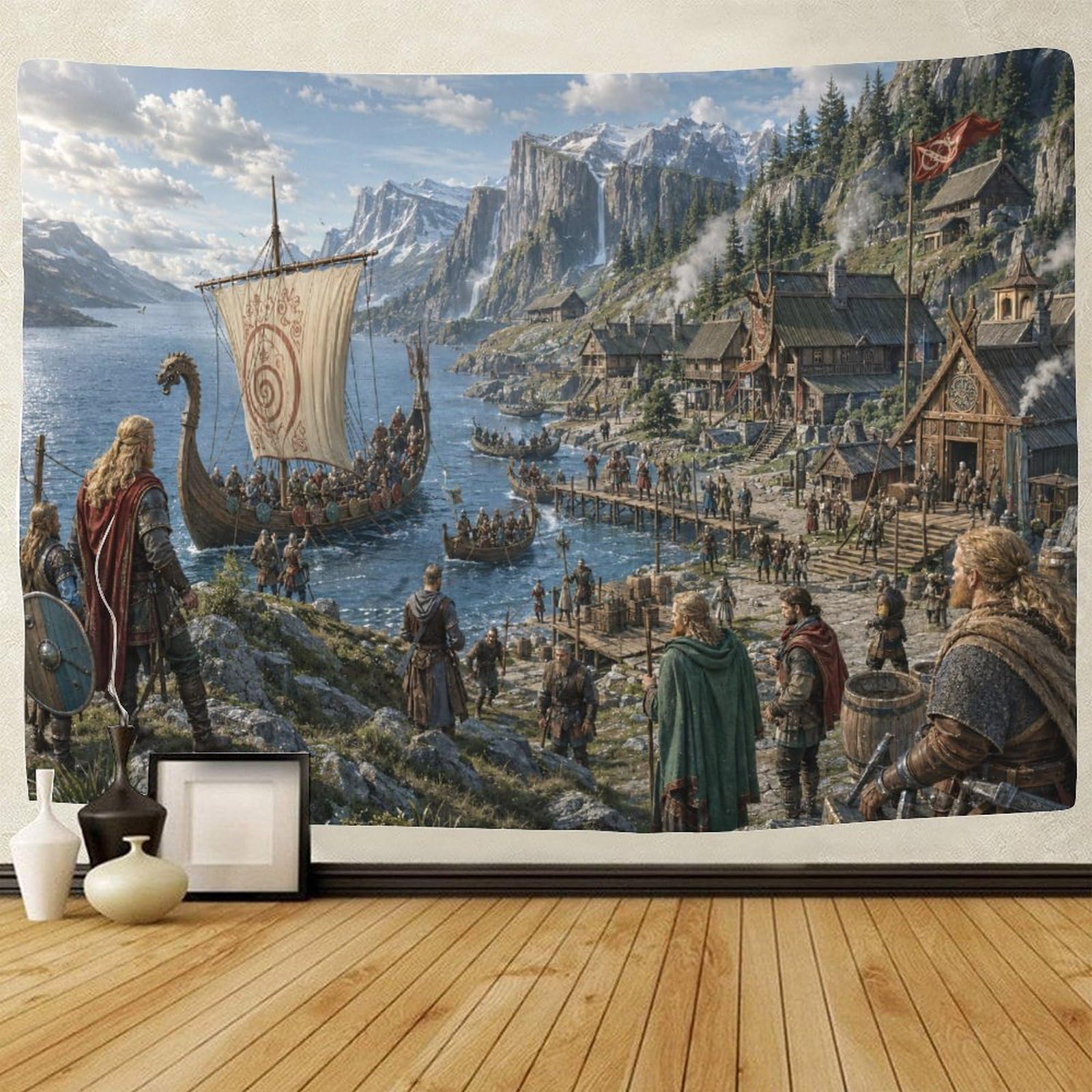 GPMNBCXZK Viking Longship Nordic Fjord Village Tapestry for Bedroom 3D Print Wall Art Decor Tapestries Poster Home Decoration Bedroom Dorm 100cmx150cm