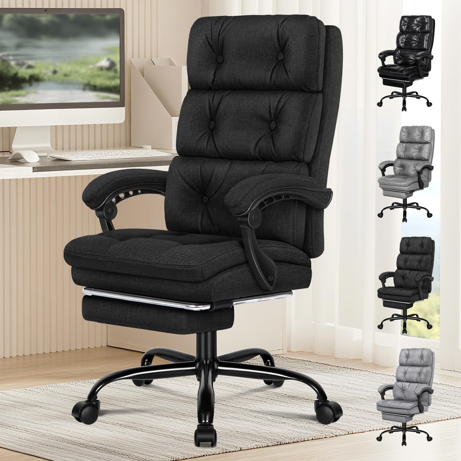 ELFORDSON Executive Office Chair with Dual-layer Cushion, Computer Desk Chairs with Armrest Footrest, High Back 150° Recliner Tilting 360° Swivel, Loads 180KG, Fabric Linen, Black