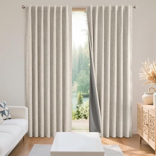 Miniatura 105 de Joydeco - Cortinas 100% opacas, 2 paneles de lino natural para oscurecer habitación/sala de estar, aislamiento térmico, trabillas traseras y