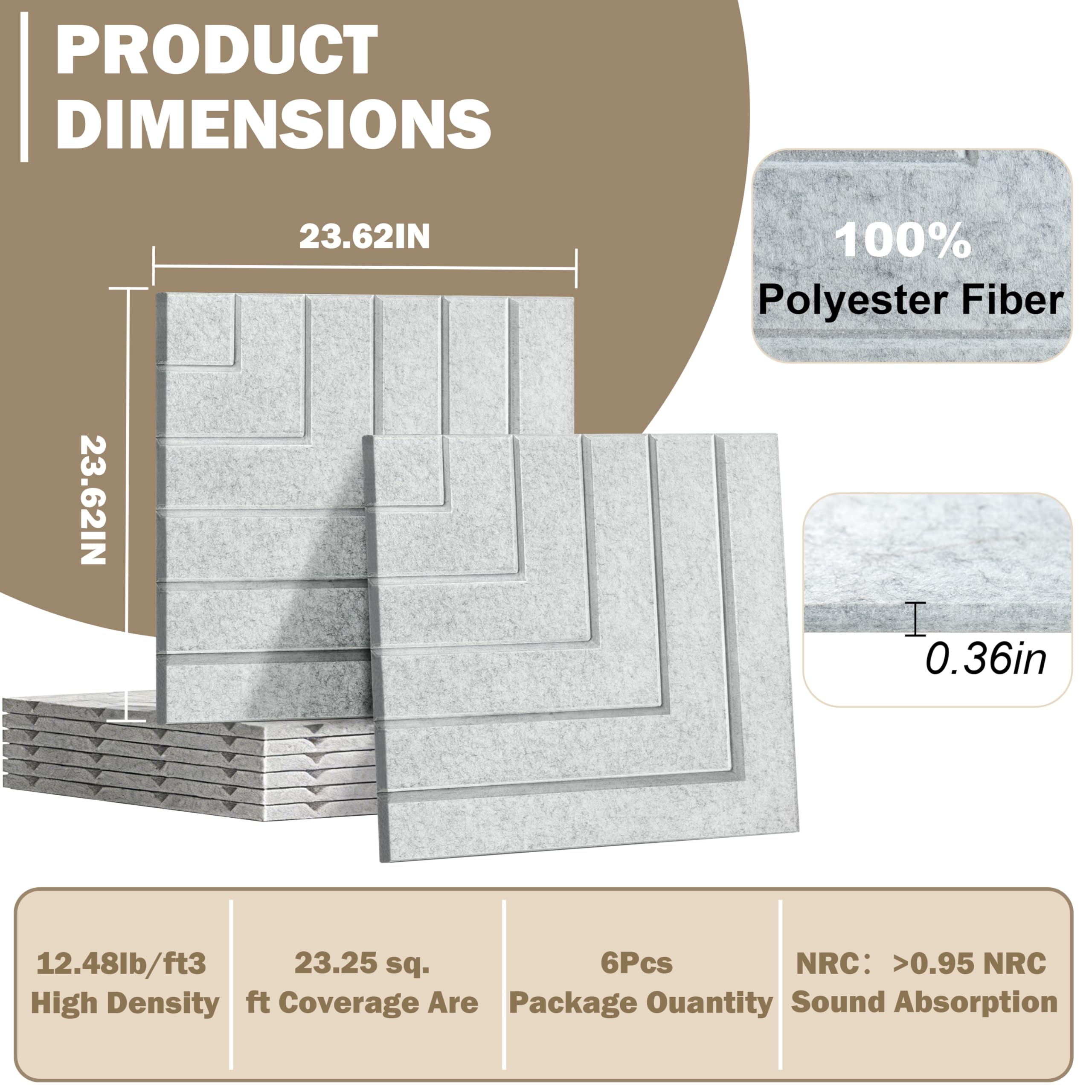 Confezione da 6 pannelli acustici, 60 x 50 cm, pannelli fonoassorbenti per pareti, autoadesivi ad alta densità, decorativi per registrazione, casa, sala multimediale, ufficio e studio, grigio