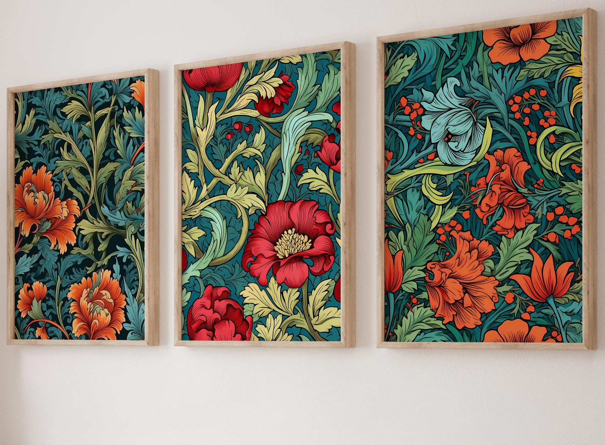 William Morris Style Set of 3 Unframed Prints, Art Nouveau Home Decor, Vintage Art, Botanical Flower Poster, Digital Art, Blue Green Red Orange (A3) โ image 1