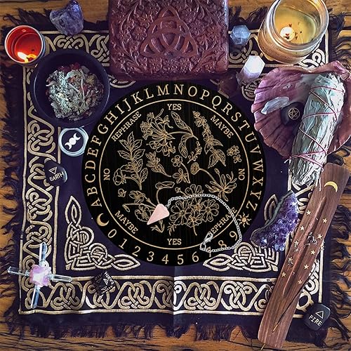 Miniatura 3 de AHANDMAKER Tabla de péndulo de bruja de 7.8 pulgadas, plancha de madera para radiestesia con péndulos de cristal de cuarzo rosa, herramientas de