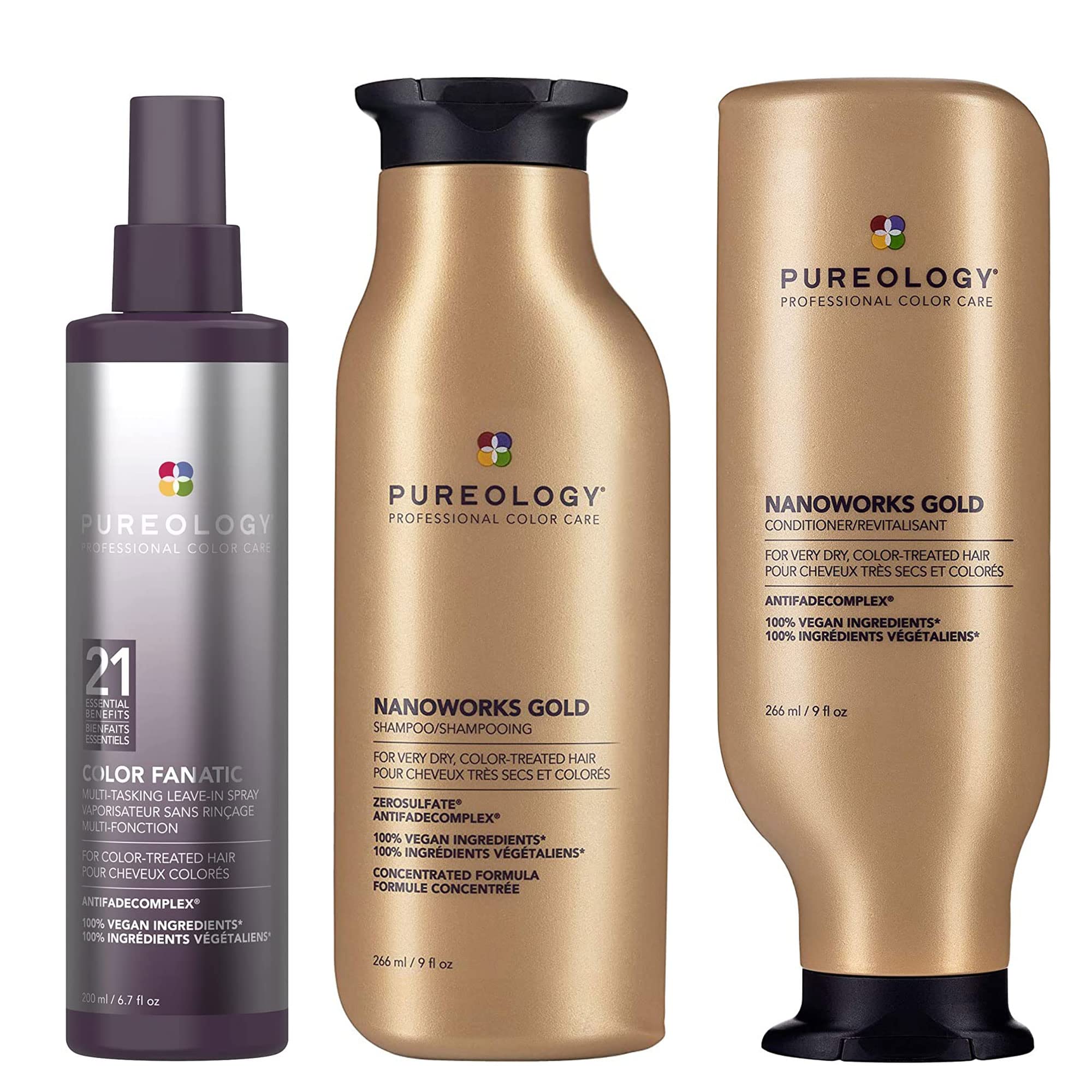 PUREOLOGYNanoworks Gold Shampoo and Conditioner 266ml and Color Fanatic Multi-Tasking Leave-In Spray 200ml, Trio Bundle, Revive Tired & Dull Color Treated Hair, Vegan