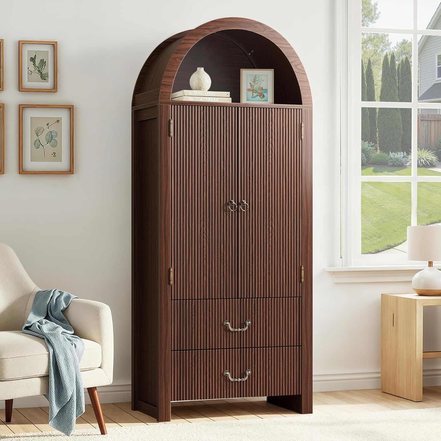 71" Tall Arched Kitchen Pantry, Wood Kitchen Storage Cabinet with 2 Large Drawers and Adjustable Shelves, Versatile Cupboard, Dining Room, Living Room, Bathroom, Walnut