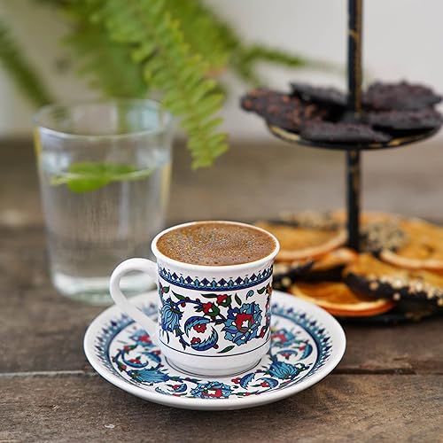 Miniatura 6 de Juego de 2 tazas de café turco con platillos y portavasos, tazas de café de cerámica, perfectas para servir café árabe, patrón blanco y azul