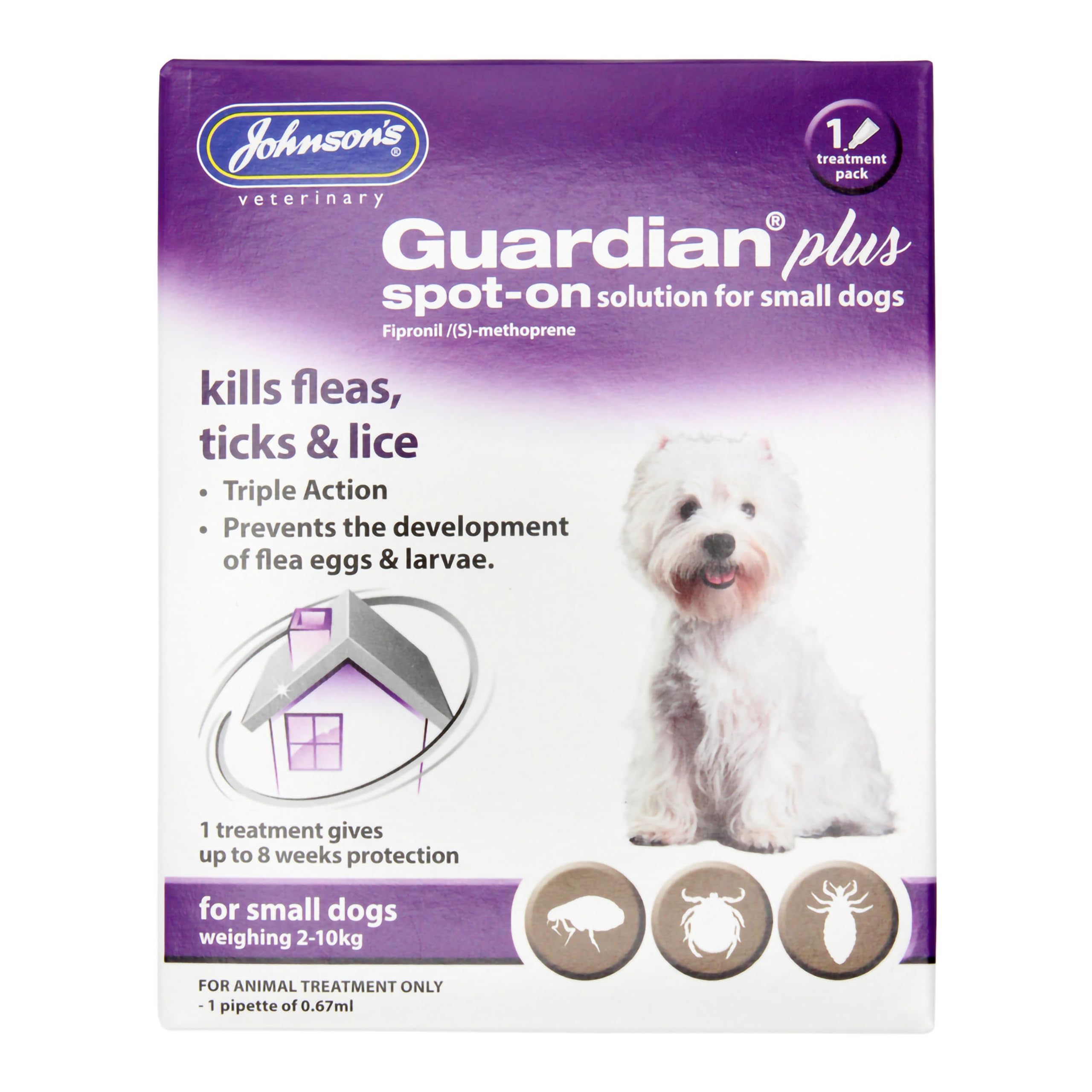 Johnsons Guardian Plus Spot On for Small Dogs 2kg - 10kg - 1 Treatment, Kills Fleas, Ticks & Lice, Stops Flea Eggs Hatching