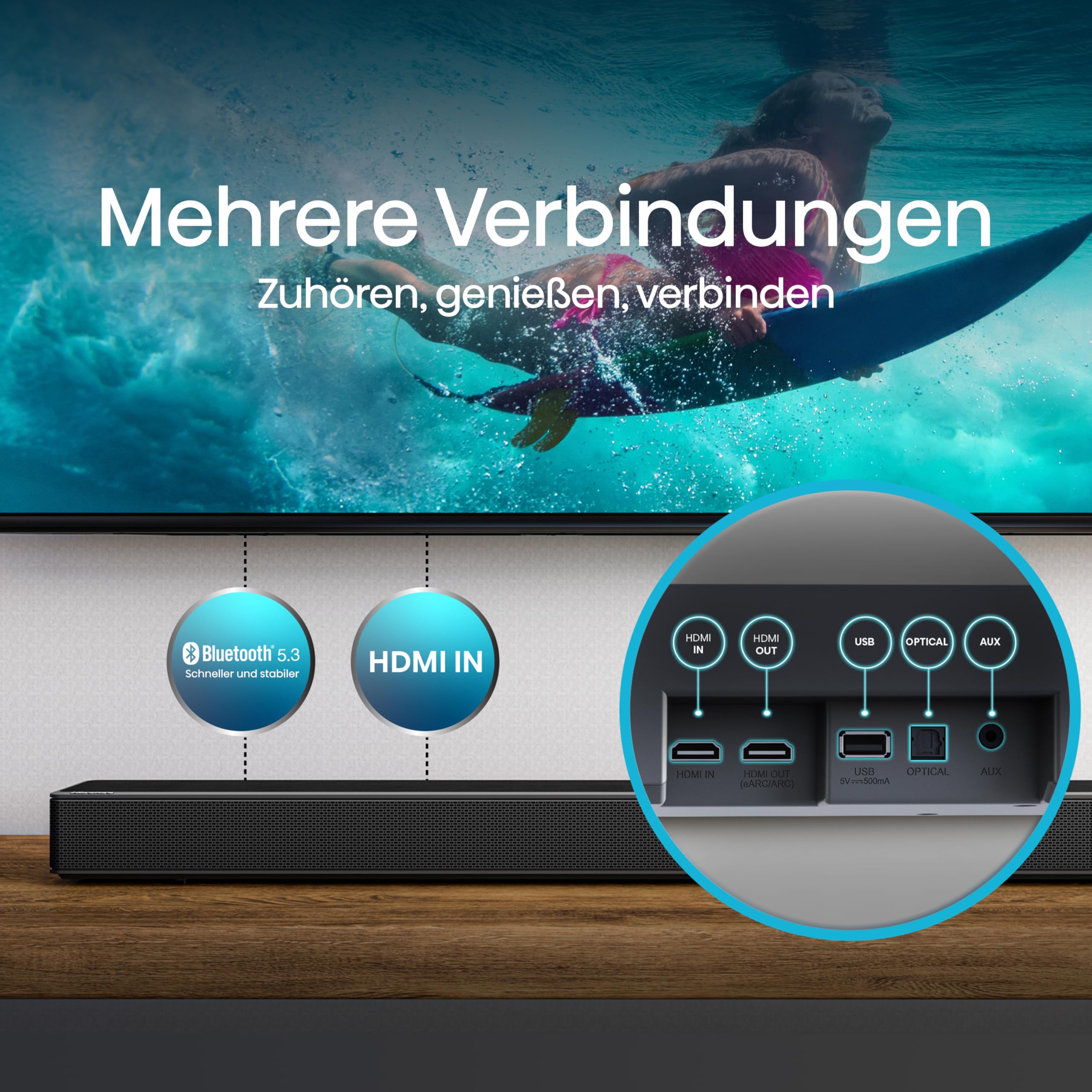 Hisense AX5125H 5.1.2 Soundbar mit kabellosem Subwoofer und Rücklautsprechern, 500W, Dolby Digital Plus, Dolby Atmos, Bluetooth, HDMI eARC/Optical/AUX/USB, Schwarz (2024)