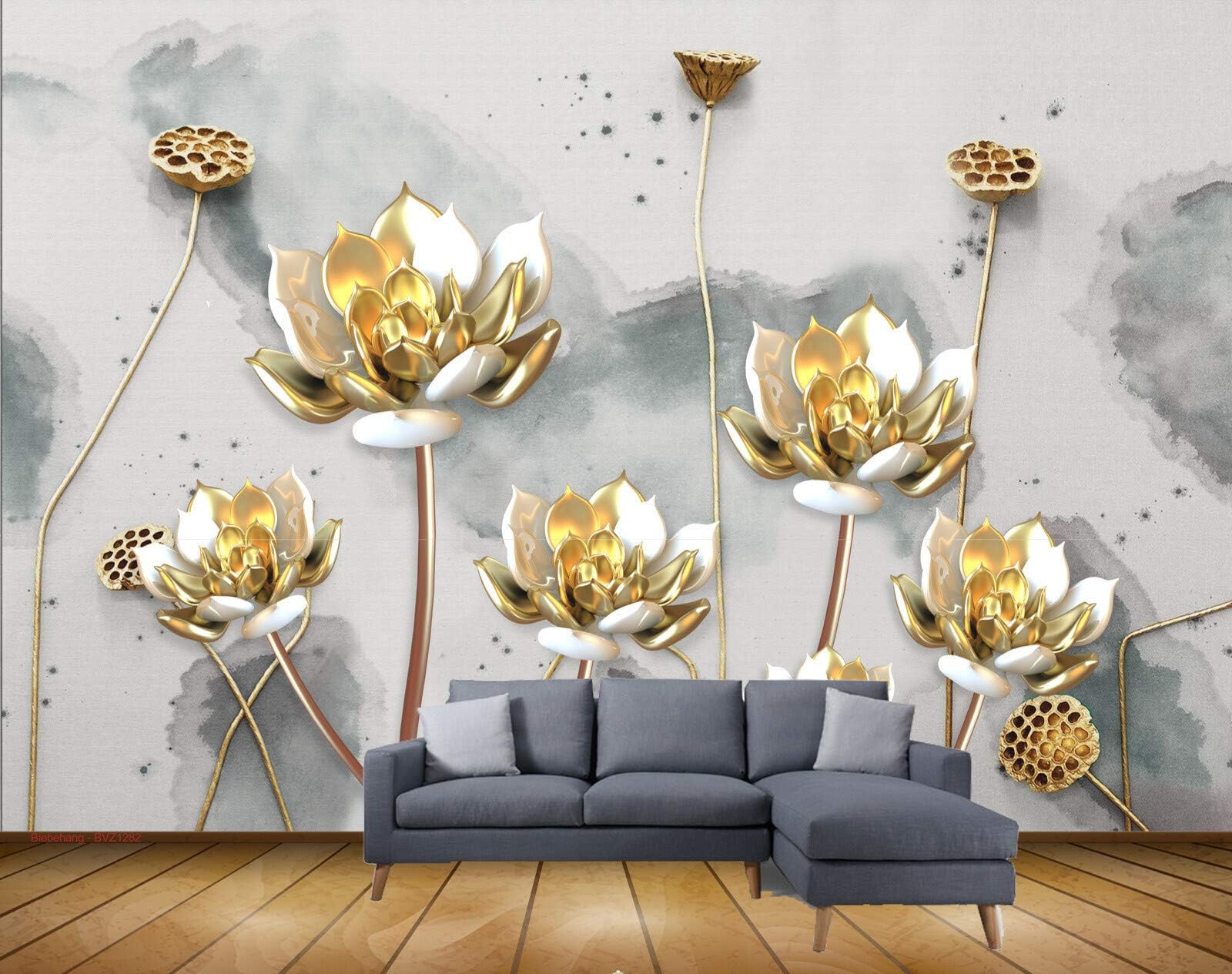 Exclusive BVZ1282 New Chinese 3D Golden Lotus Flower White Porcelain Lotus Leaf Background HD 3D Wallpaper(121 cm x 91 cm)
