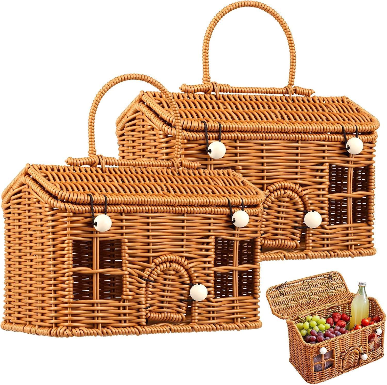 2PCS Wicker Picnic Baskets with Lid & Handle,Portable Garden Harvest Basket