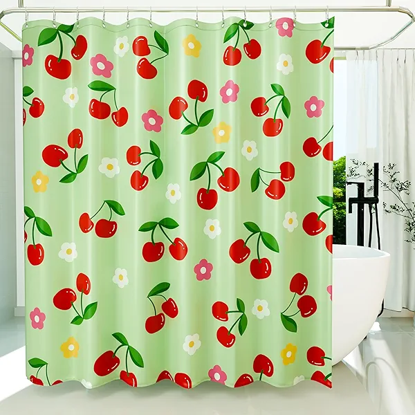 Anybar Fabric Shower Curtain Cute Floral Cherry Curtains Waterproof Soft Polyester Bathroom Curtain- Decor Washable Privacy Cloth Small Stall Shower Curtain for Bathroom Hotel (36x72inch) Green