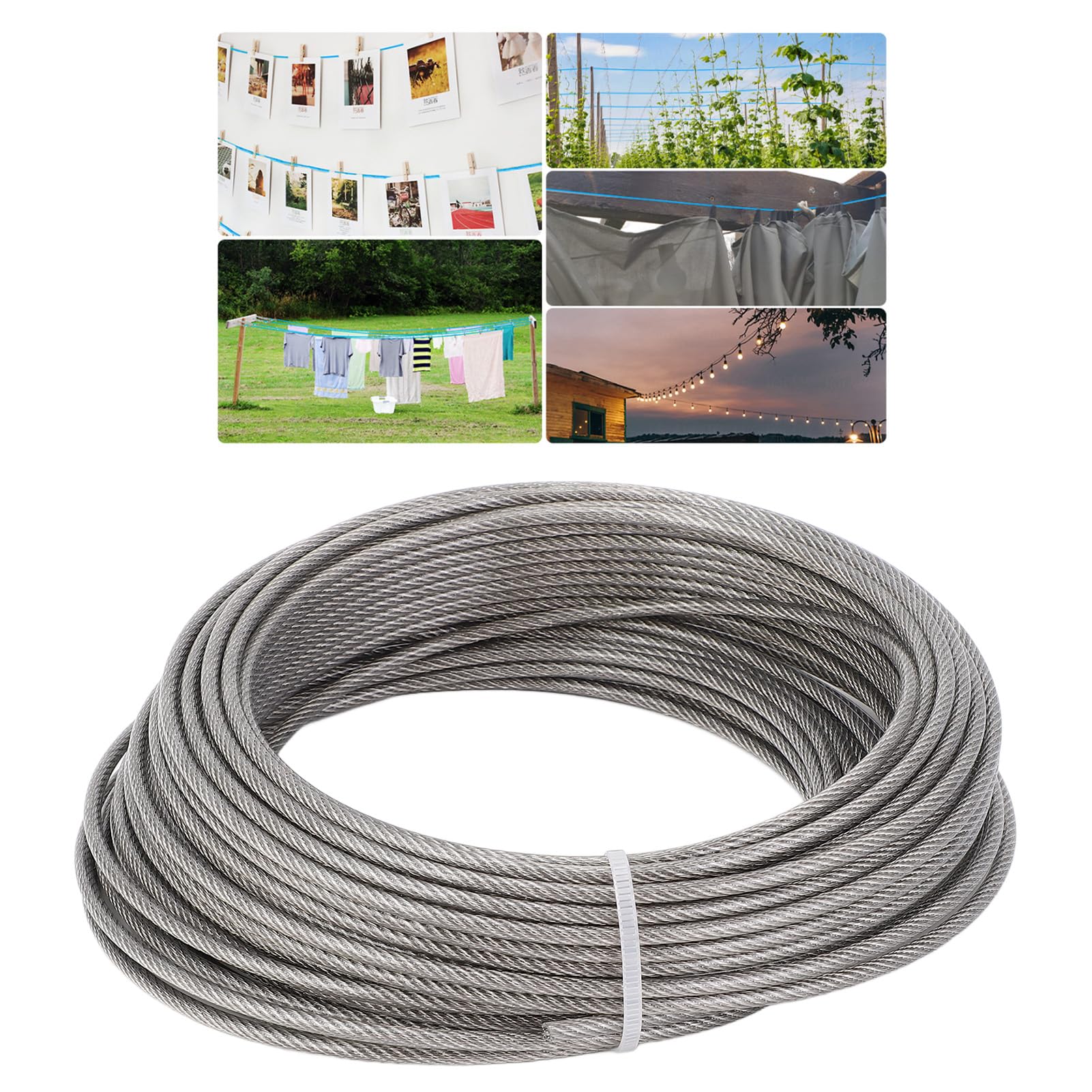 Steel Wire Cable Kit UV Resistant, 165ft 3mm, 304 Stainless Steel for Clotheslines, Garden Climbing Plant Support