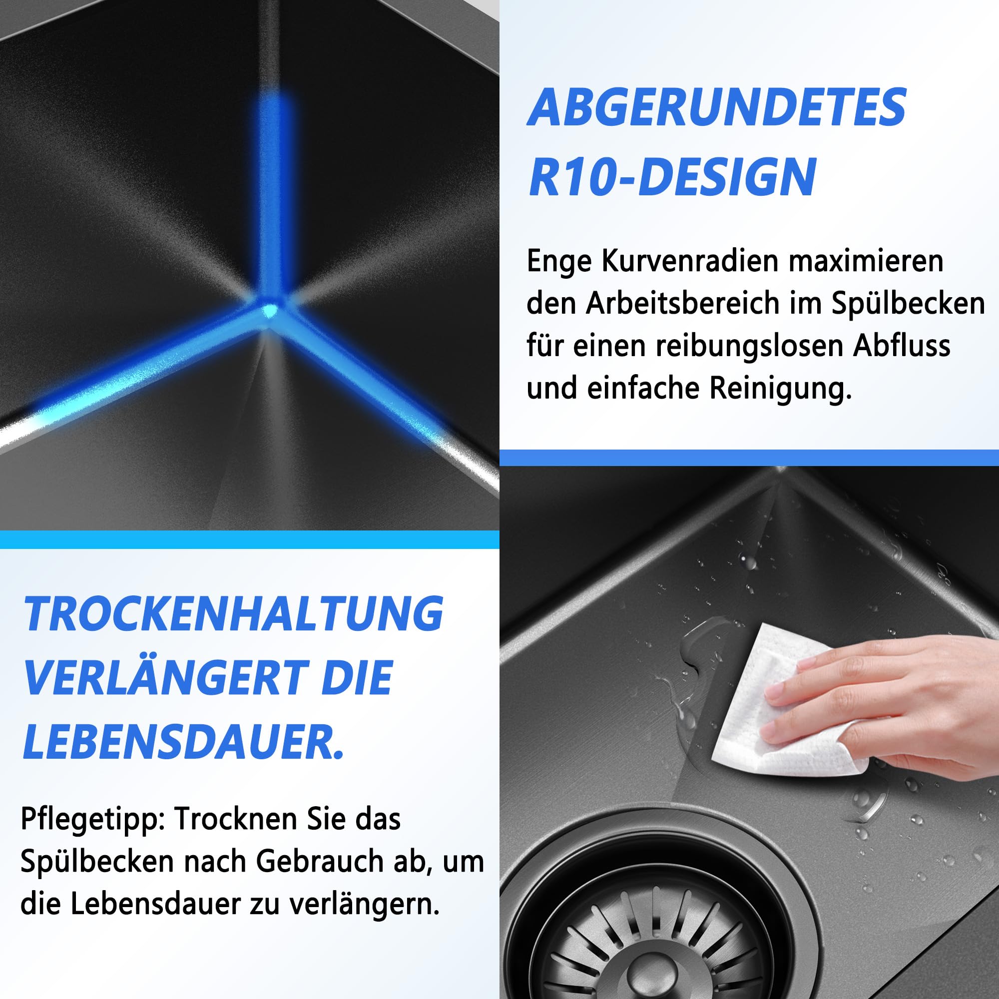 Schwarze Edelstahl Küchenspüle 40 x 30 cm, 1 Becken Spülbecken | Für Unterbau, flächenbündige oder aufliegende Montage, inklusive Ablaufgarnitur, ideal für Küche, Bar und Wohnmobil.