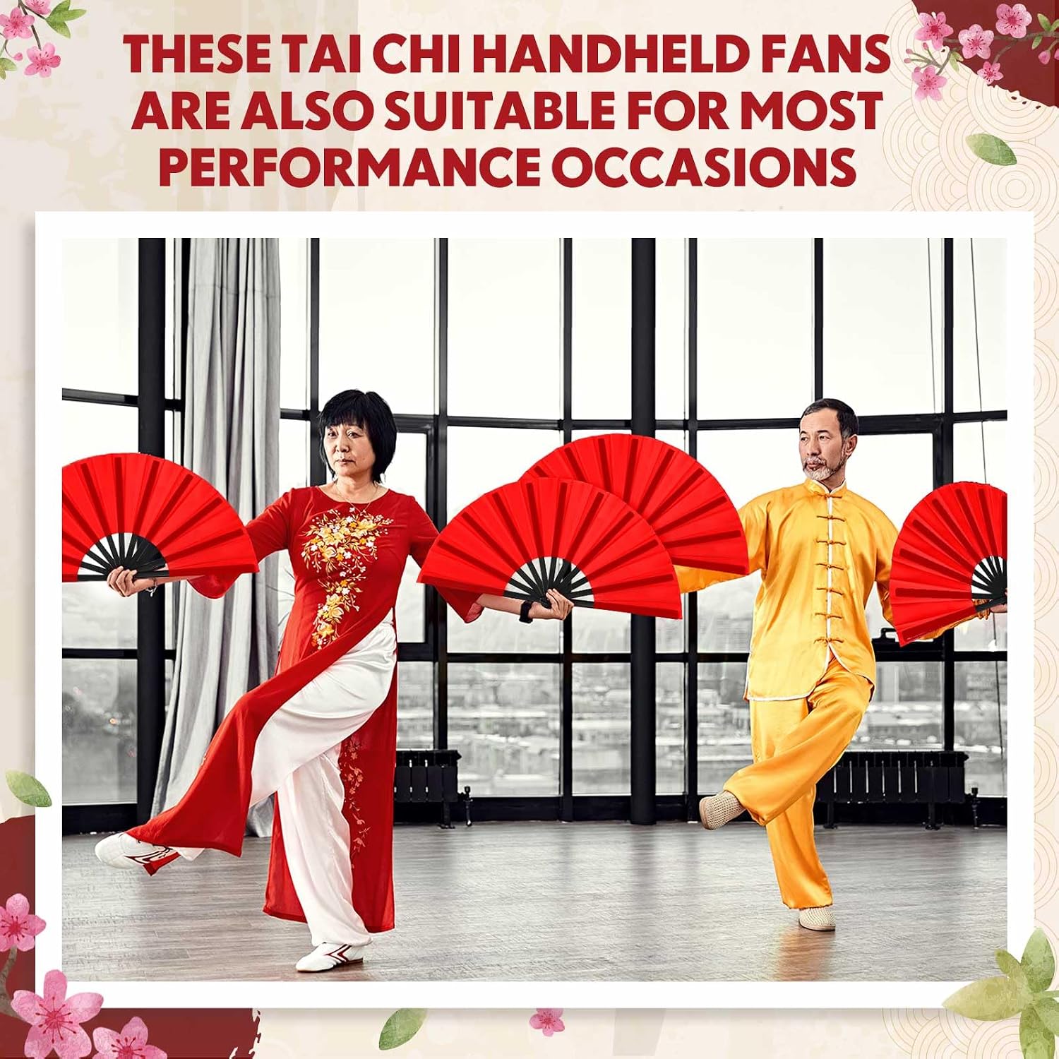 Leinuosen 6 Pcs 13 Inch Large Folding Hand Fans for Women & Men,Red image 5