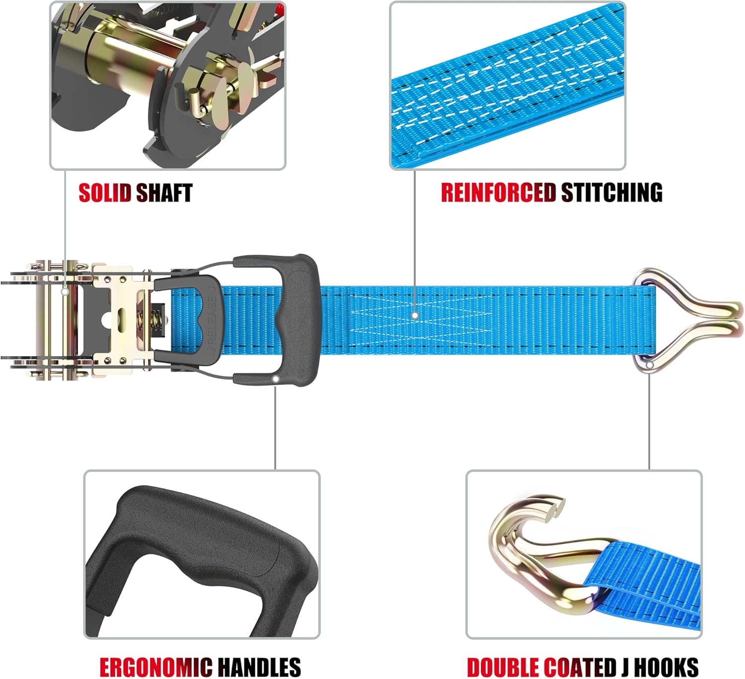 Ratchet Straps (4PK) - 4500lbs Breaking Strength 1.5''×15' Heavy Duty Tie Down Straps with Padded Handles, Double J Hooks & Soft Loops for Moving Motorcycle, Trailer & Trucks (Blue) - Image 3