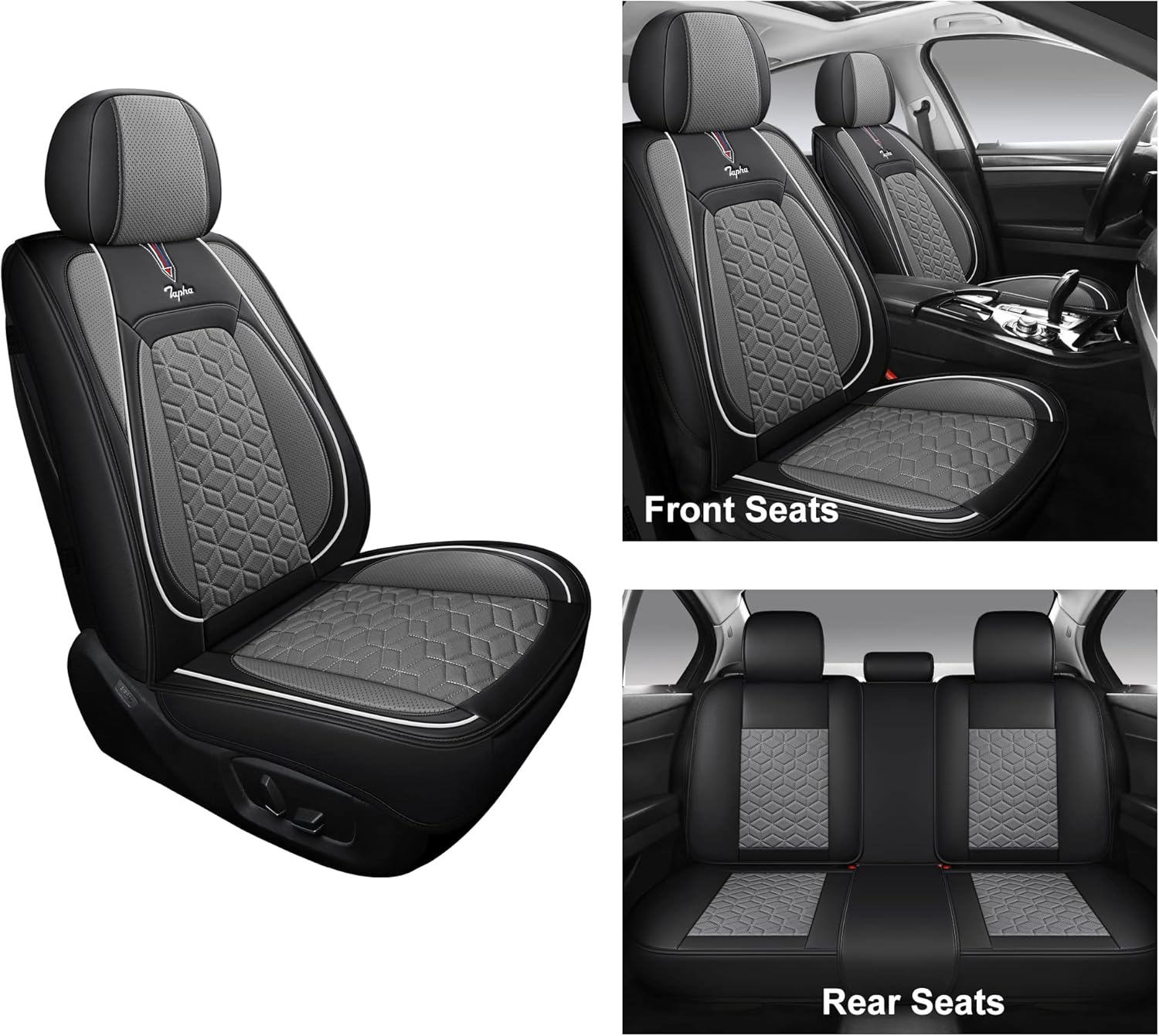 Tapha Executive Leatherette Car Seat Cover & Cushion Set, Breathable and Water-Resistant, Universal Fit for Car SUV & Truck (Front and Rear Seats, Black & Grey) (TAP-01-B3)