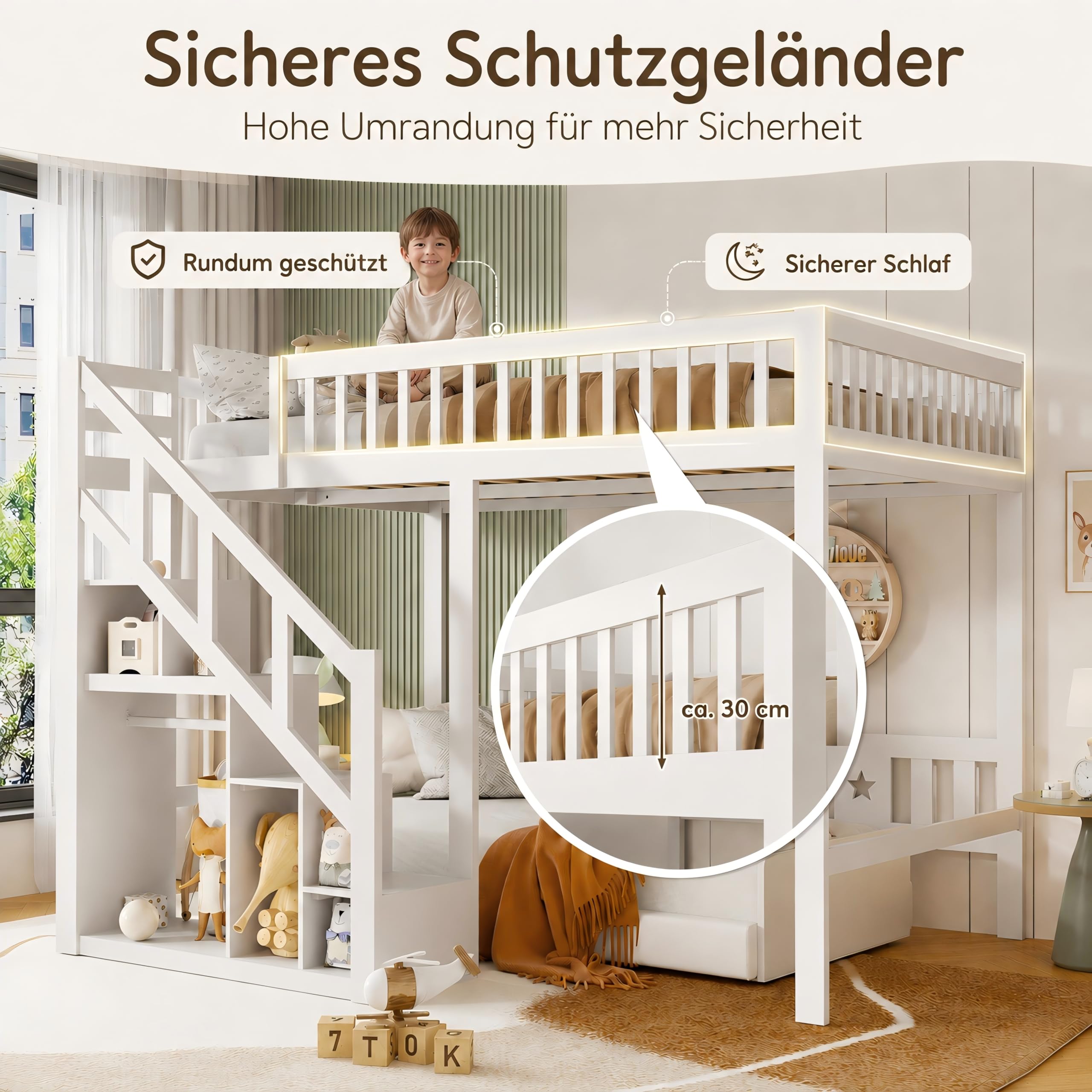 Hochbett 140x200 cm Weiß mit Treppe und Stauraum, Holzbett Kinderbett & Jugendbett mit Sternen-Rausfallschutz, Platzsparendes Etagenbett Spielbett für das Kinderzimmer, Inkl. Lattenrost, Ohne Matratze