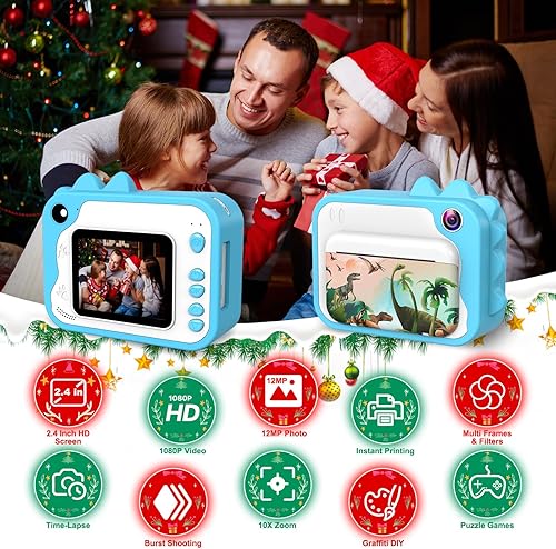 Miniatura 2 de USHINING Cámara de impresión instantánea para niños con bolso de Navidad, cámara de impresión digital de 12 MP para niños de 3 a 12 años, cámara