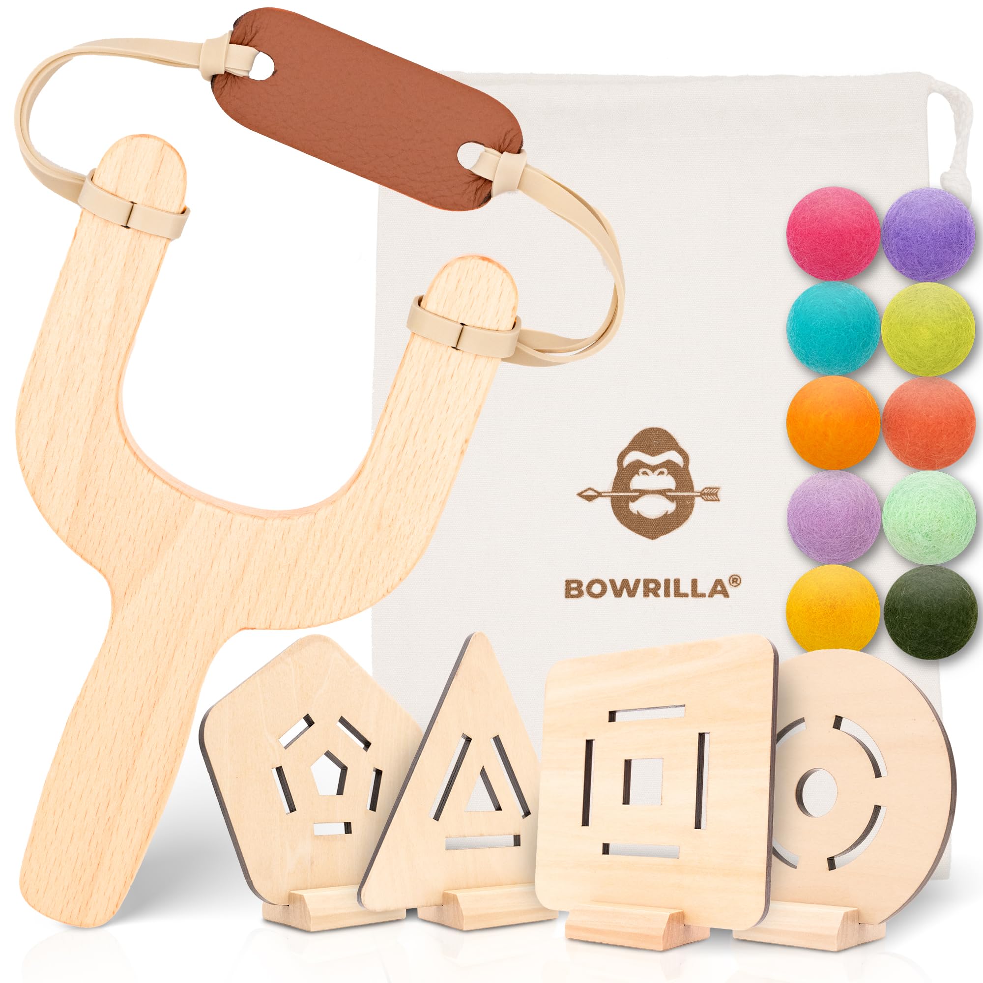 BOWRILLA® Fionda per bambini con 10 palline morbide e 4 bersagli in legno, ideale per giochi interni ed esterni, set completo per bambini per mancini e destrorsi