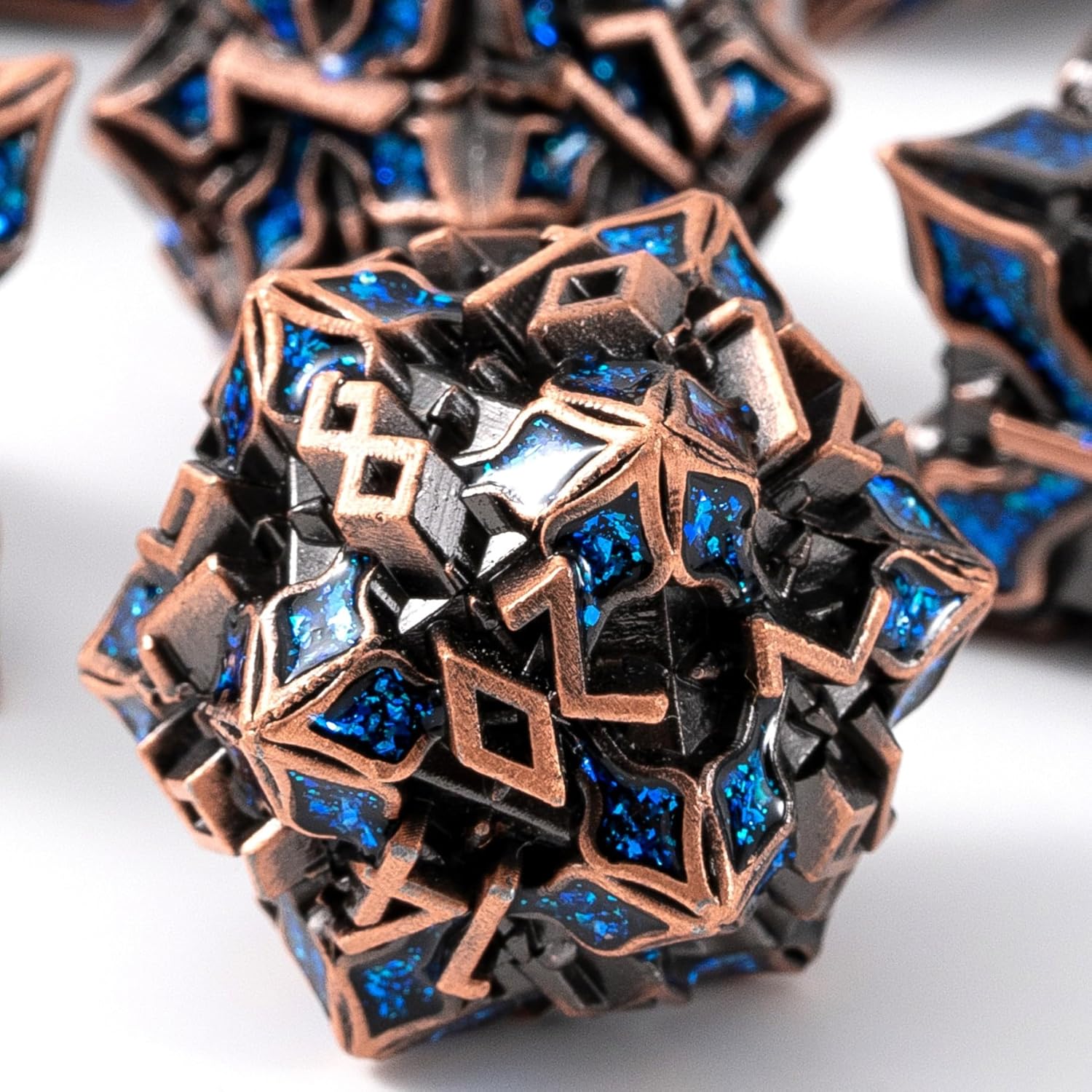 Metal Dice for DND - Spire Sanctum Series - Polyhedral Dice Set for D&D, RPG and More - Balanced Rolls, Beautiful 7 Piece Set for Dungeons and Dragons (Antique Copper Blue Glitter)