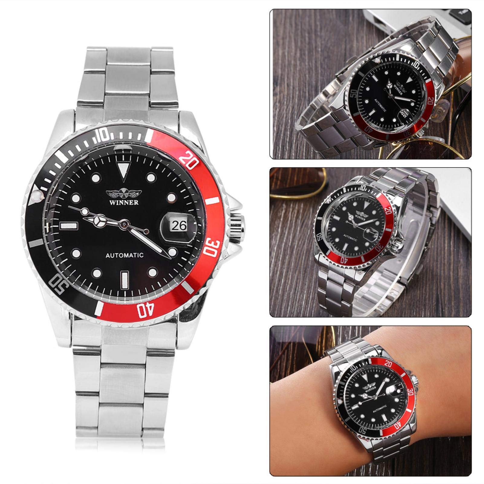 Rot Schwarz Silber Automatische Herrenuhr für Sport und Business mit Edelstahl Armband