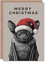 Artery8 Christmas Card Cute Bat Wearing Santa Hat Vintage Style Drawing