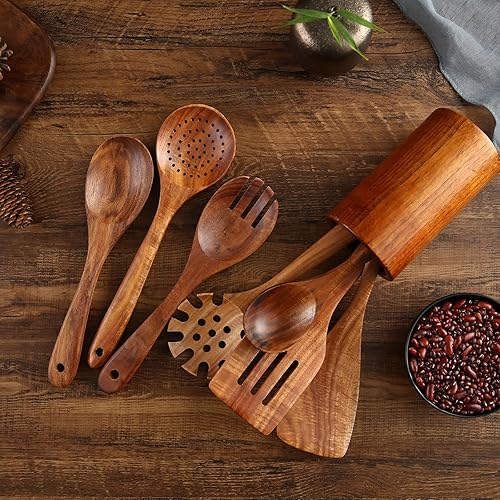 Miniatura 4 de Utensilios de cocina de madera, 8 cucharas de madera de teca natural, espátulas y barril de almacenamiento de madera para sartén antiadherente