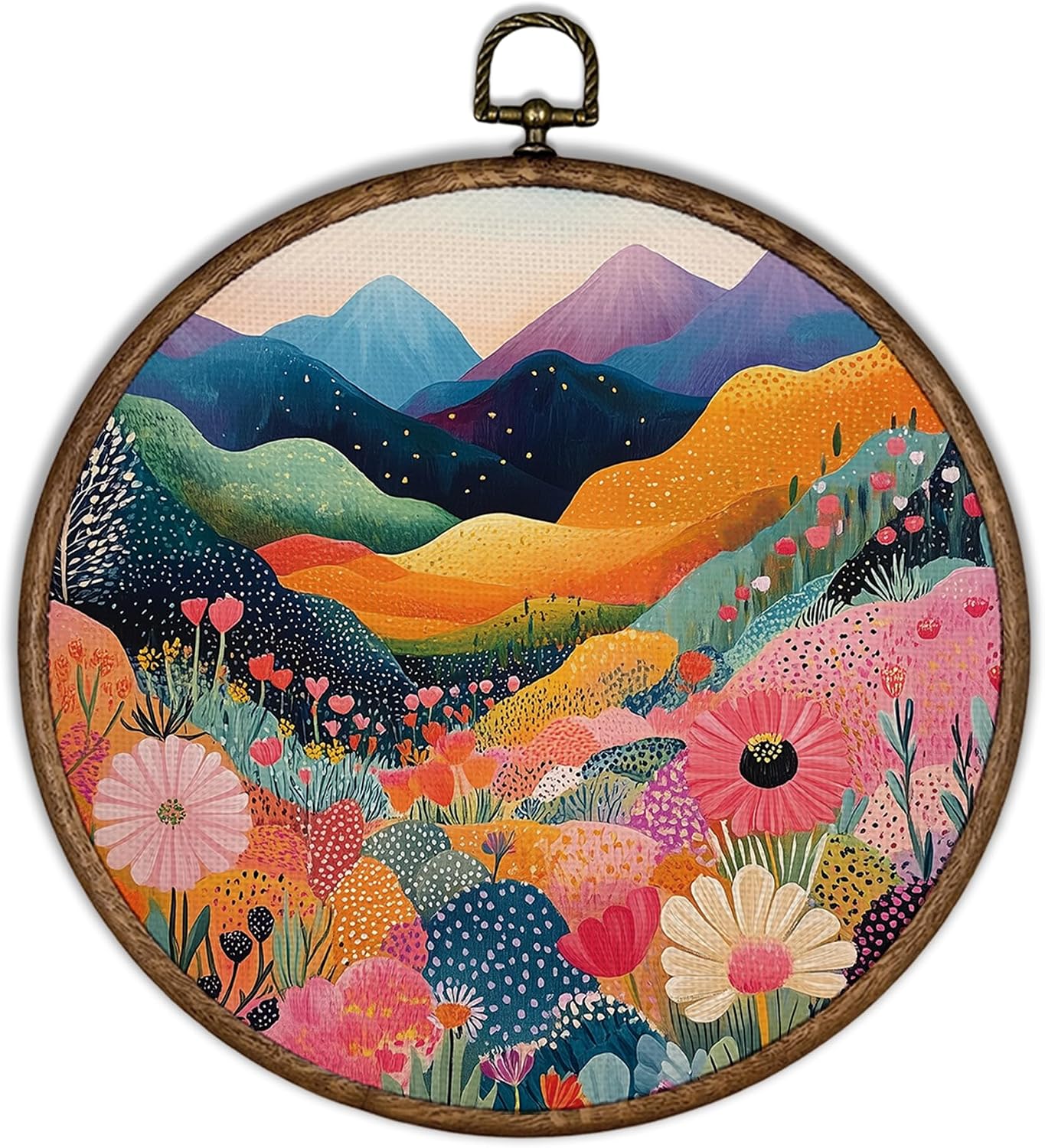XBBMGG Boho Colorful Wall Art Decor, Abstract Mountain Round Wall Hanging Decor, Modern Nature Floral Landscape Framed Canvas Prints for Dorm Living Room Bathroom Decorations, 10x10inch