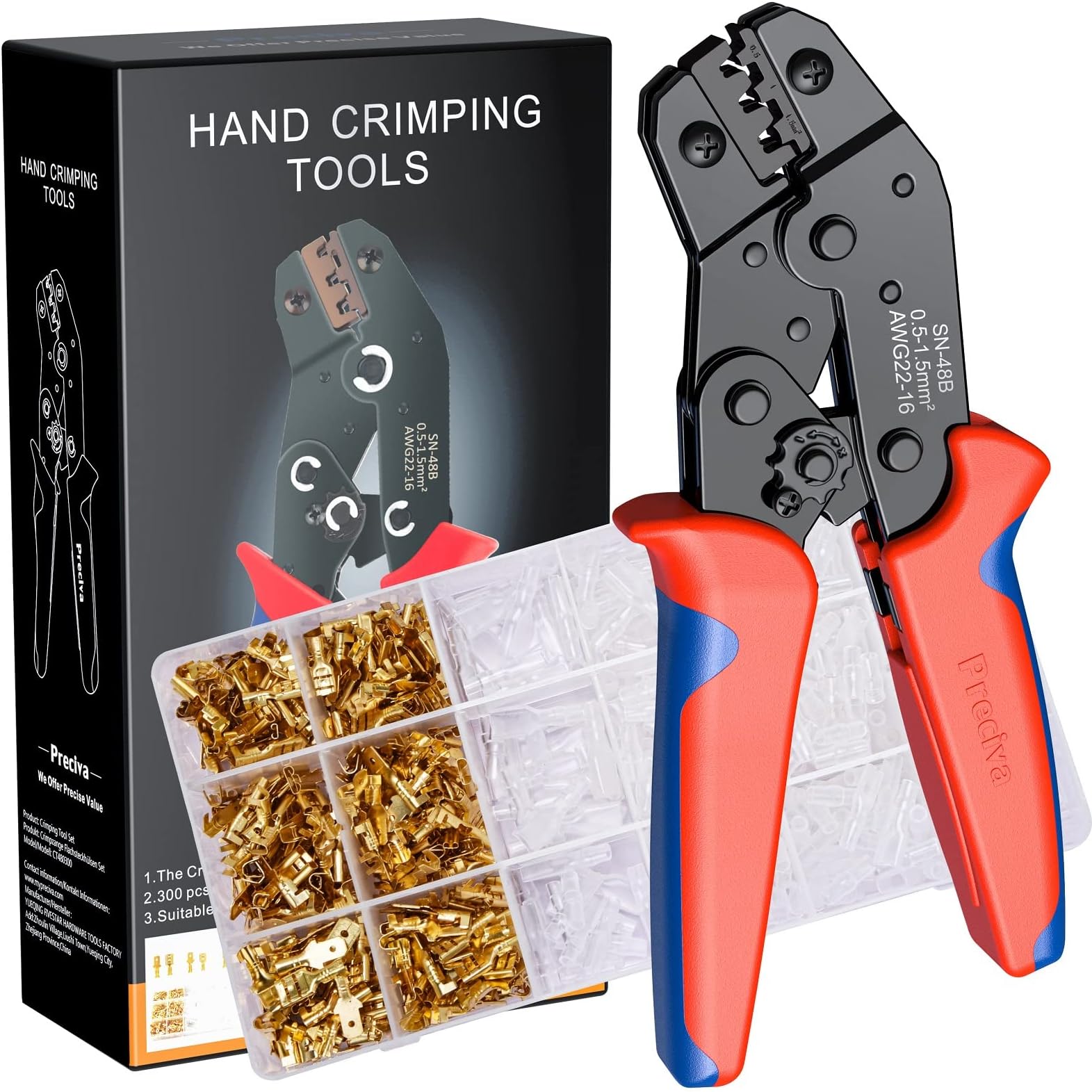 Crimping Tool Kit for Spade Connectors, Preciva Ratchet Cable Crimper Plier 0.5-1.5mm²/AWG22-16, Electrical Flat Receptacles Plier, Wire Crimping Tool with 600pcs Brass Lug Set(Crimping Tool Set)