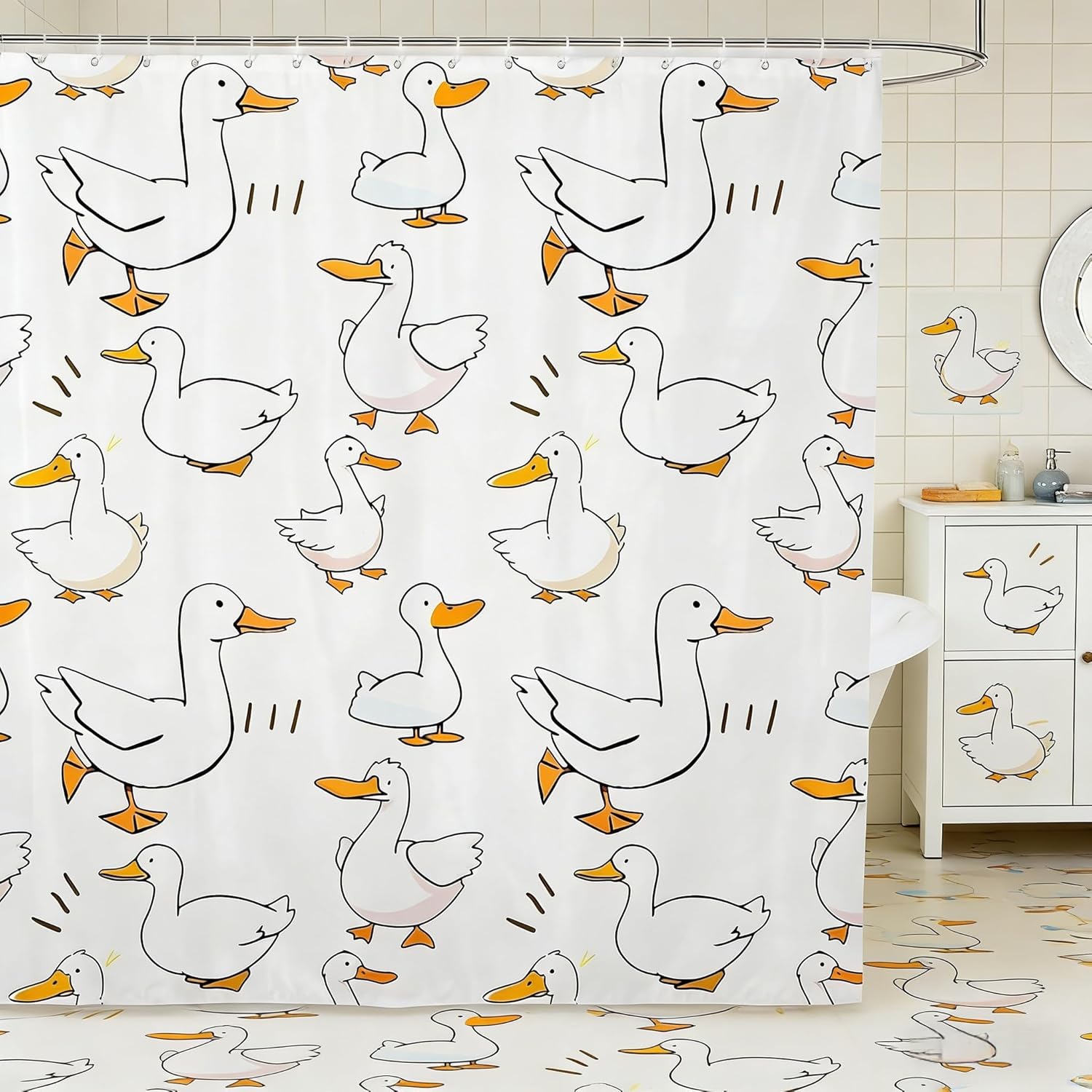 Homewish Cartoon Duck Shower Curtain,Lovely Goose Funny Sketch White Bath Curtain with Hooks,Cute Farmhouse Livestock Animal Waterproof Bathroom Accessories for Bathtublet, 72Wx84L inch